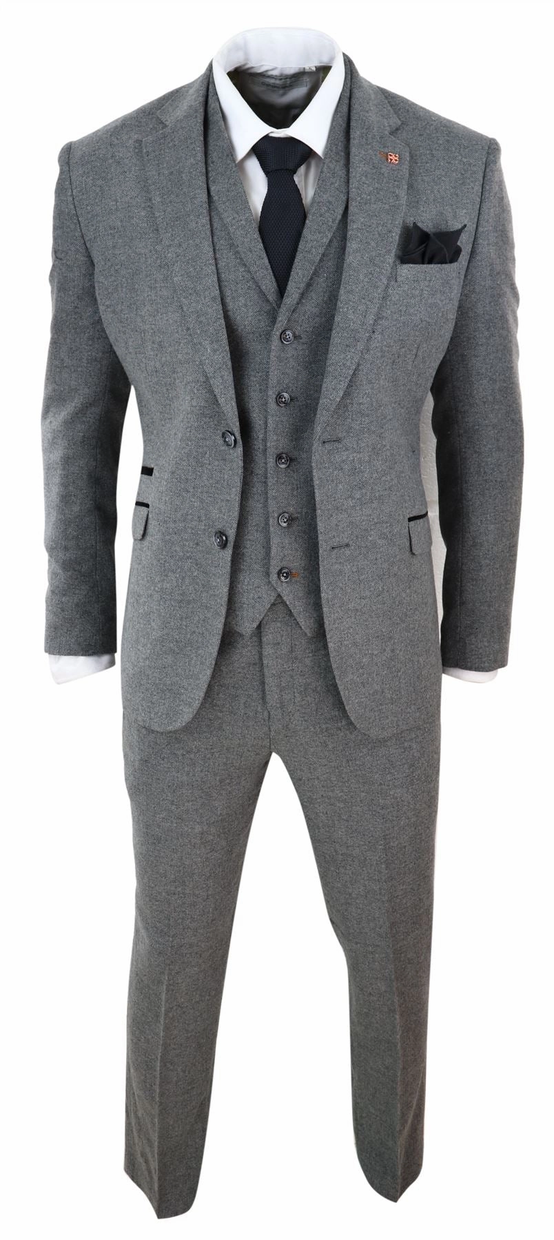 Martez 3 Piece Wool Suit Herringbone Tweed Grey