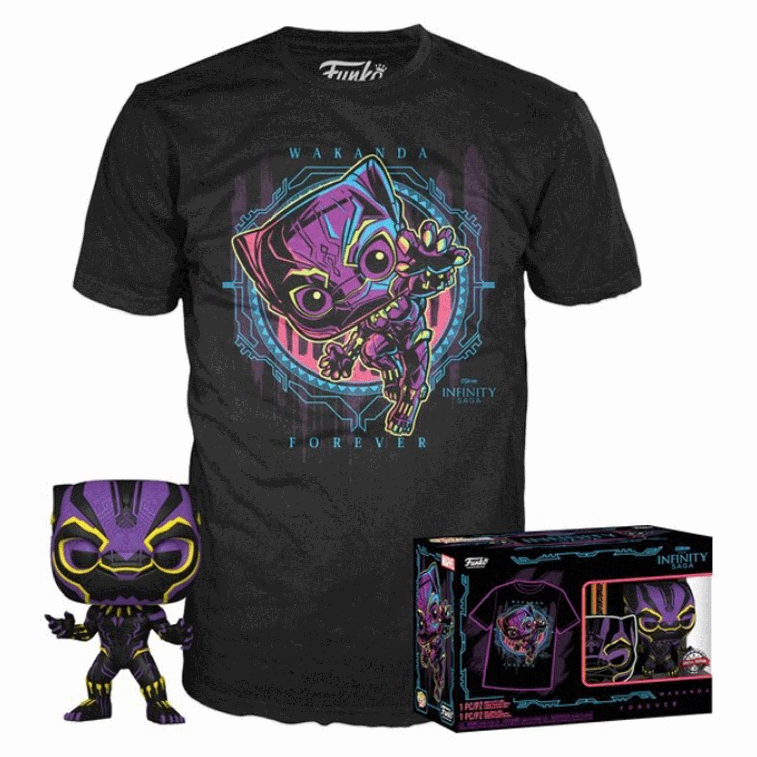 Marvel Black Panther Blacklight Pop! Vinyl and Tee Set