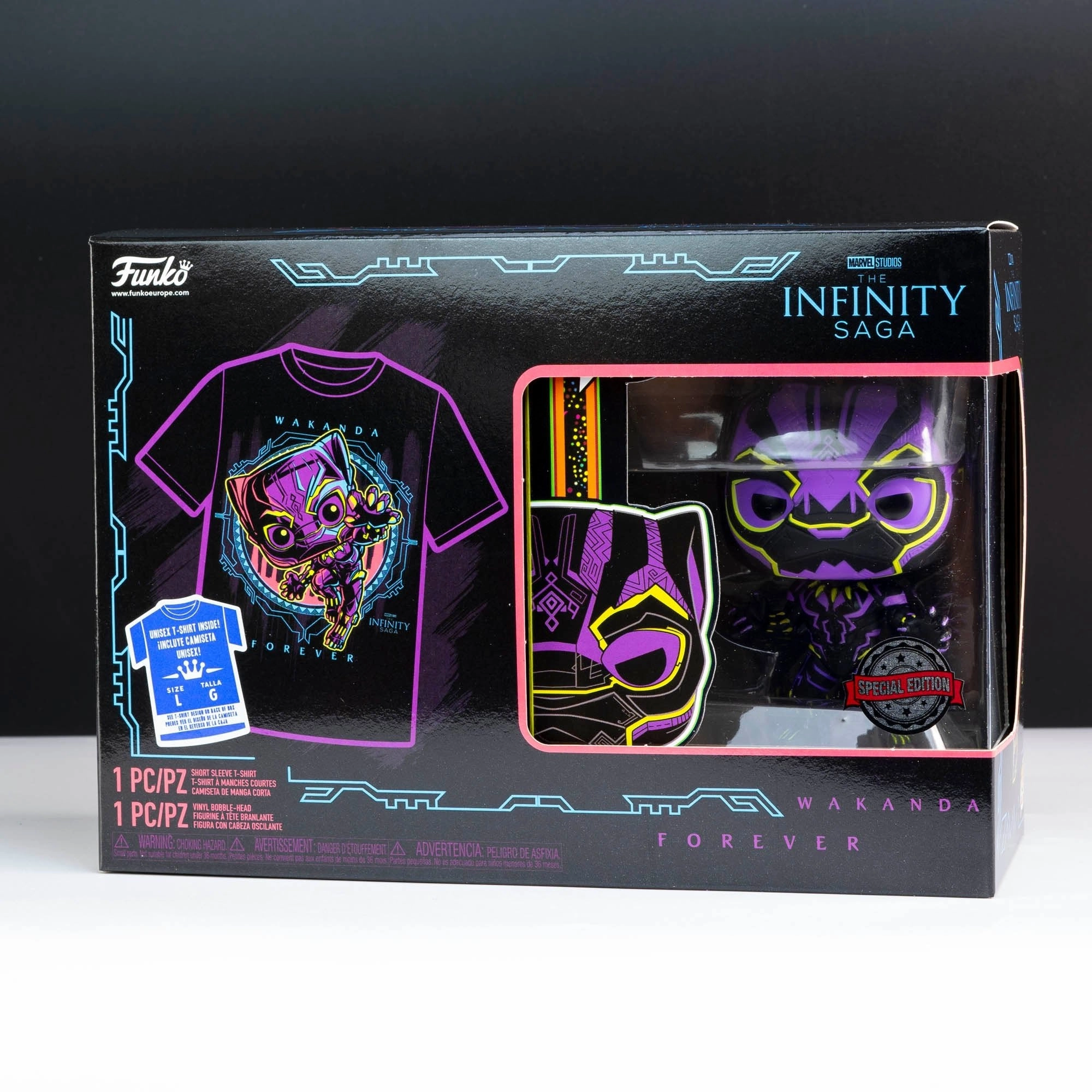 Marvel Black Panther Blacklight Pop! Vinyl and Tee Set