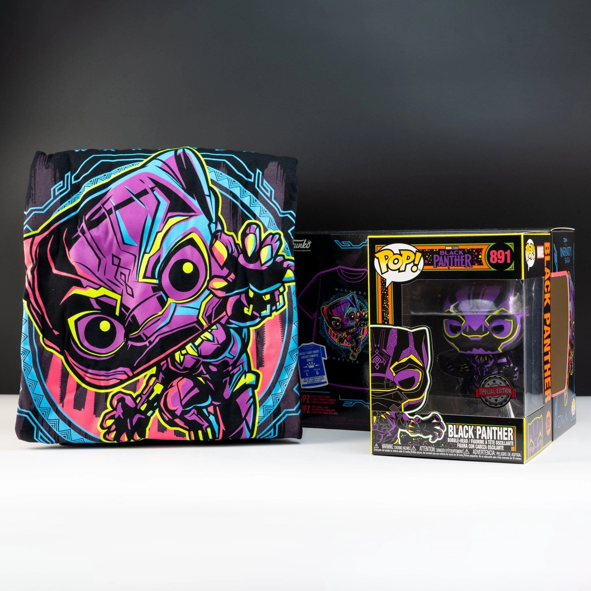 Marvel Black Panther Blacklight Pop! Vinyl and Tee Set