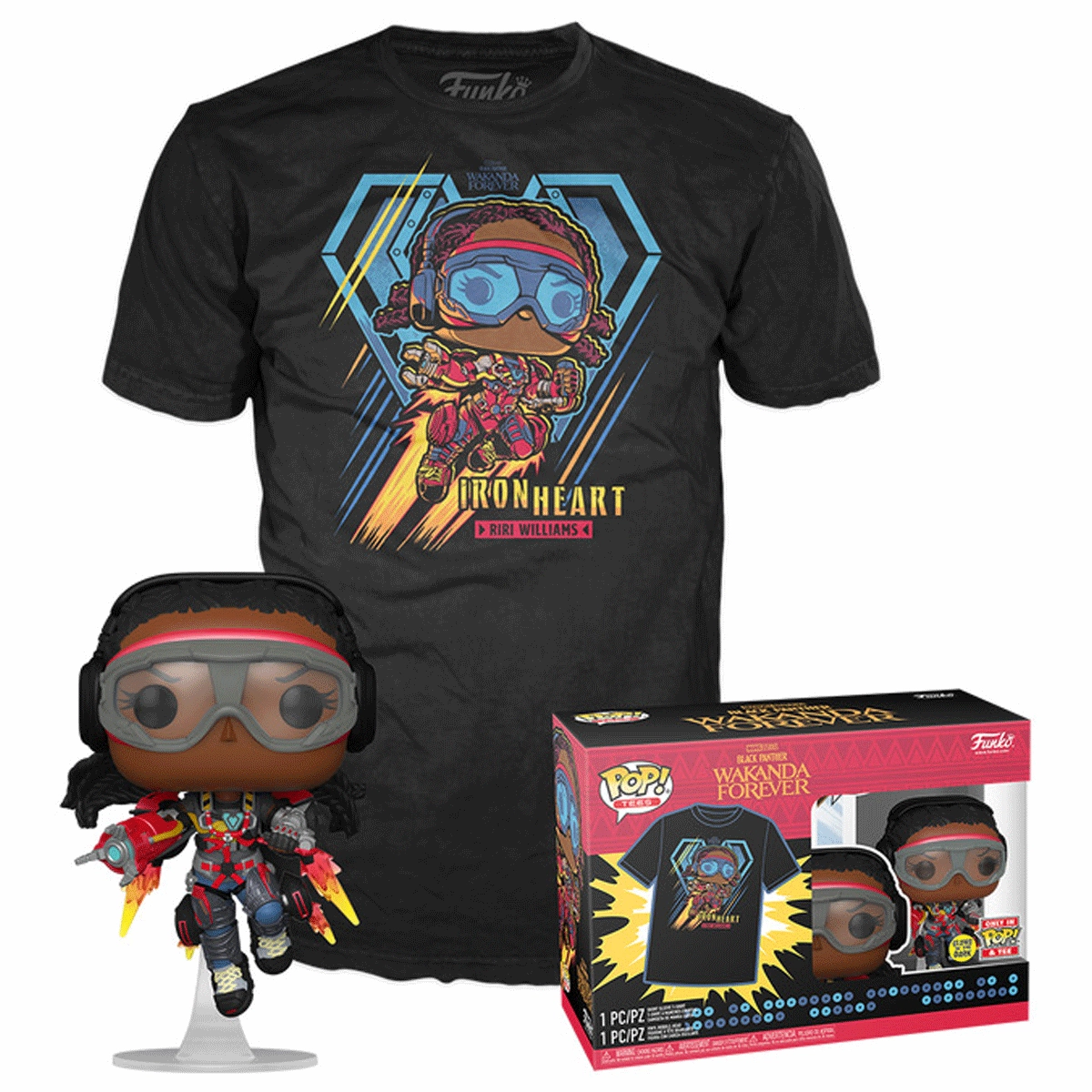 Marvel Black Panther Ironheart Mark 1 (Glow in the Dark) Pop! Vinyl and Tee Set