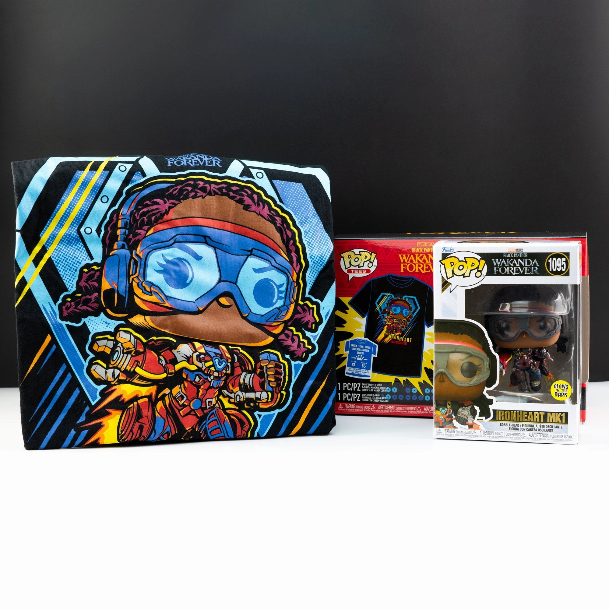 Marvel Black Panther Ironheart Mark 1 (Glow in the Dark) Pop! Vinyl and Tee Set