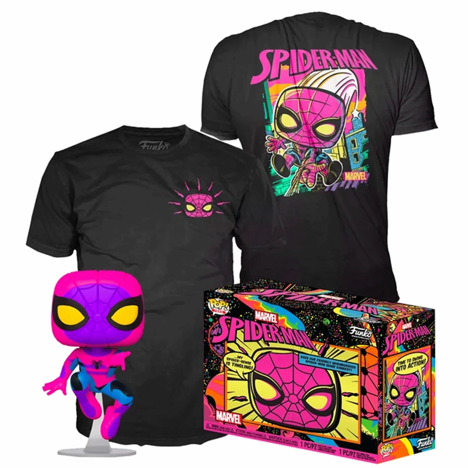 Marvel Spiderman Blacklight Pop! Vinyl and Tee Set