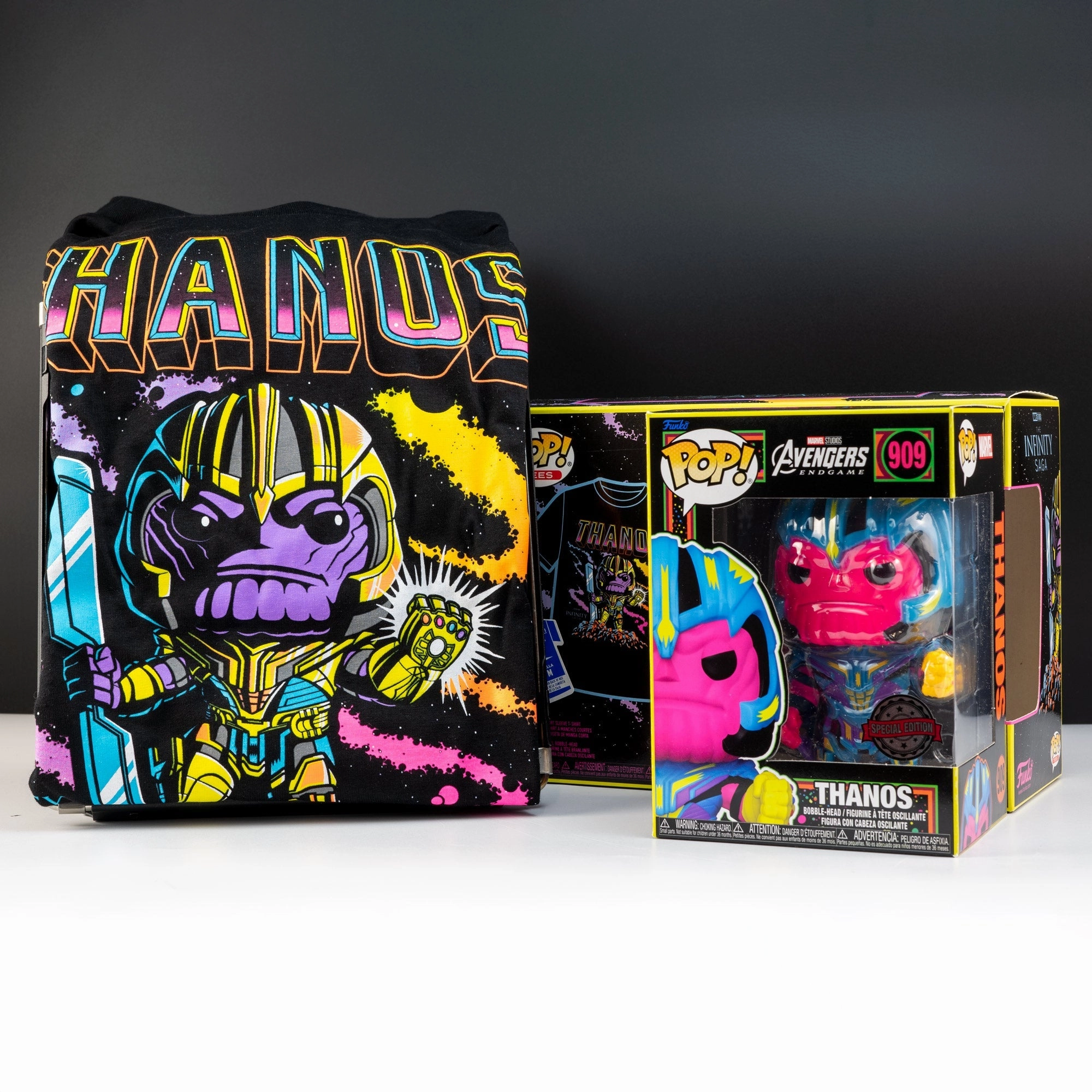 Marvel Thanos Blacklight Pop! Vinyl and Tee Set