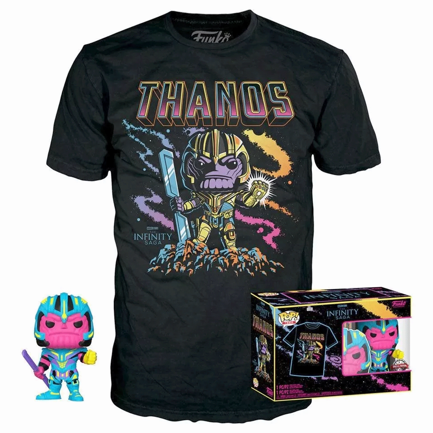 Marvel Thanos Blacklight Pop! Vinyl and Tee Set