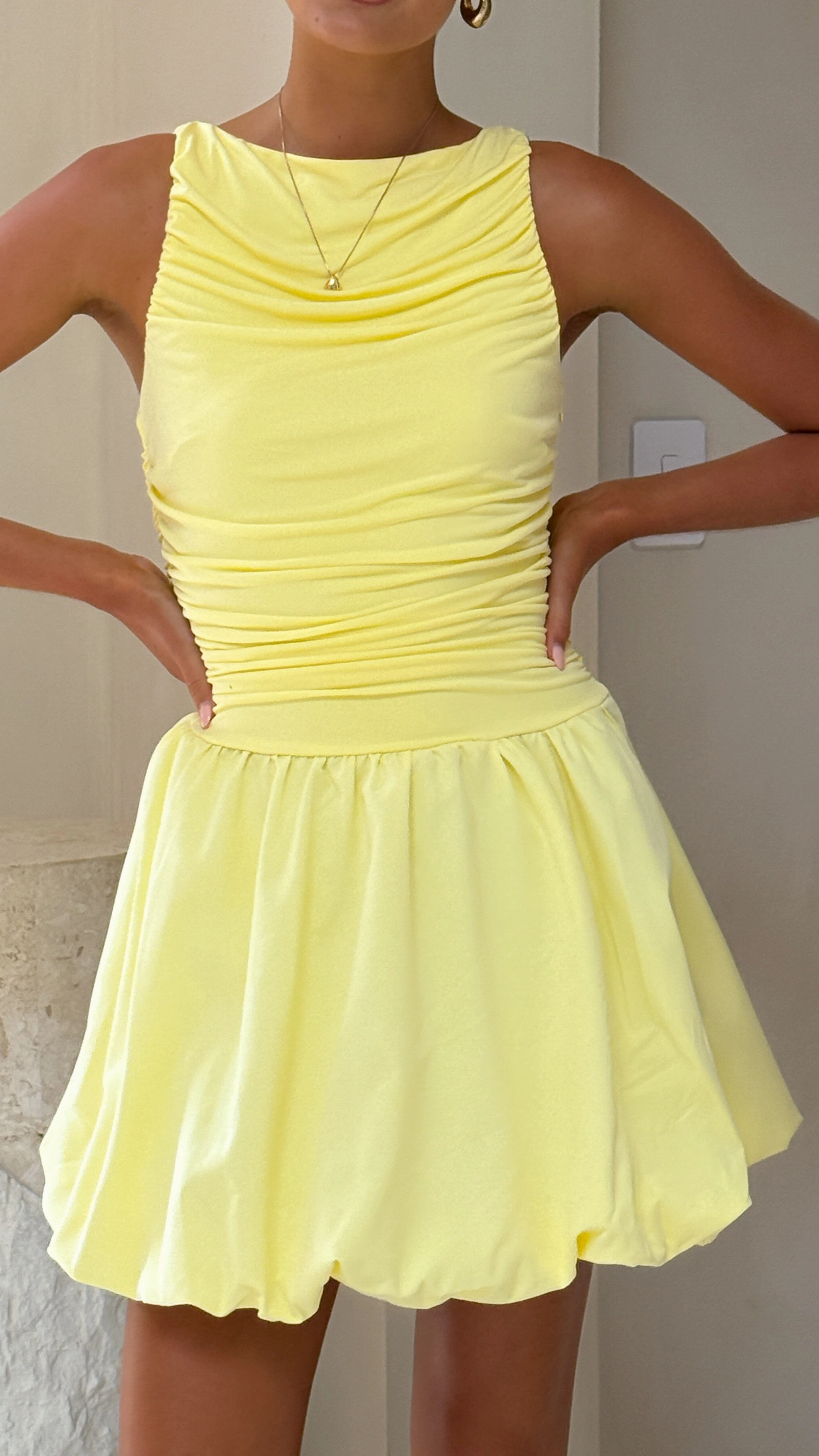 Meera Boat Neck Mini Dress - Lemon