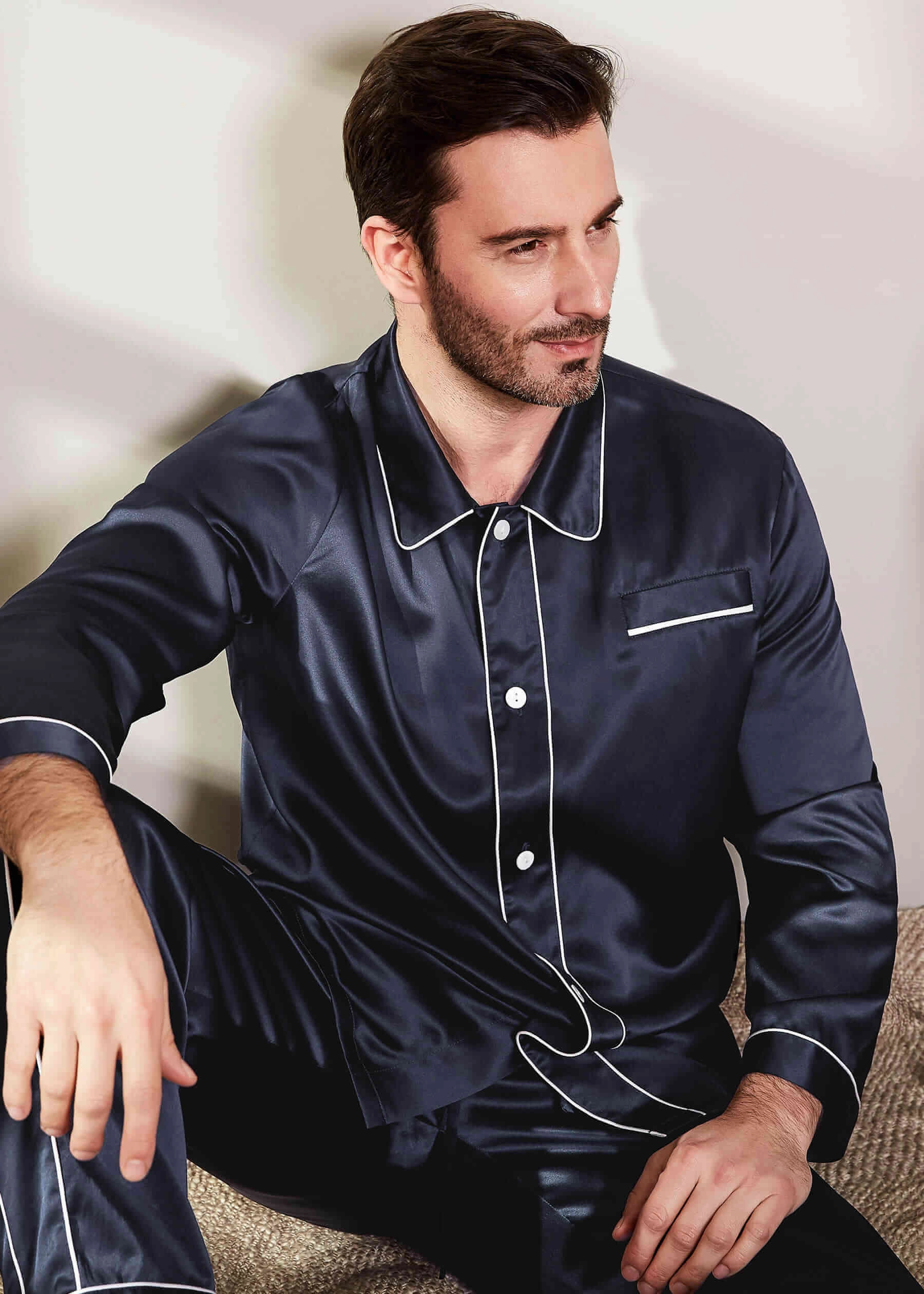 Men's 22 Momme Unique Silk Pajamas Set with Double Row Pipping