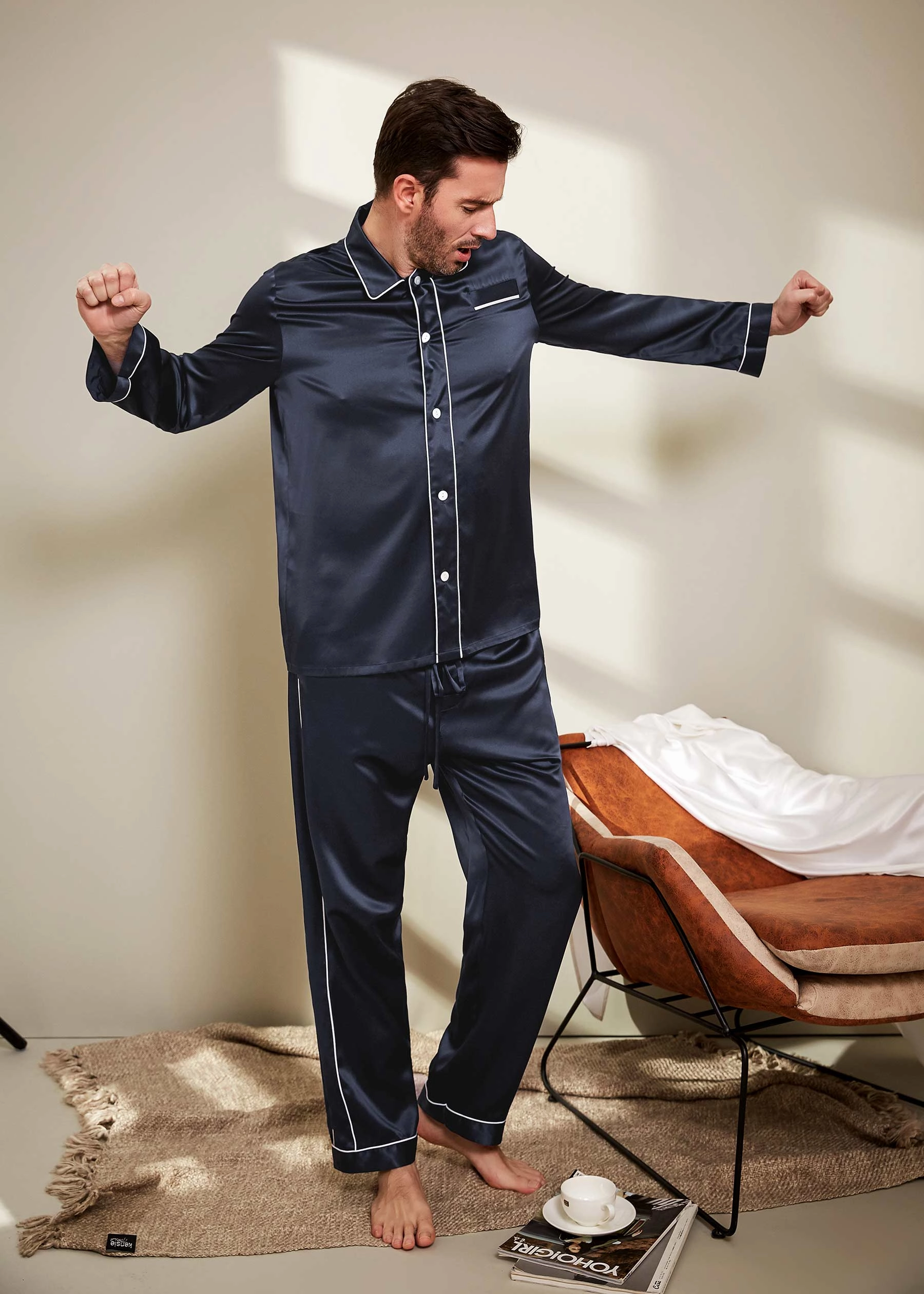 Men's 22 Momme Unique Silk Pajamas Set with Double Row Pipping