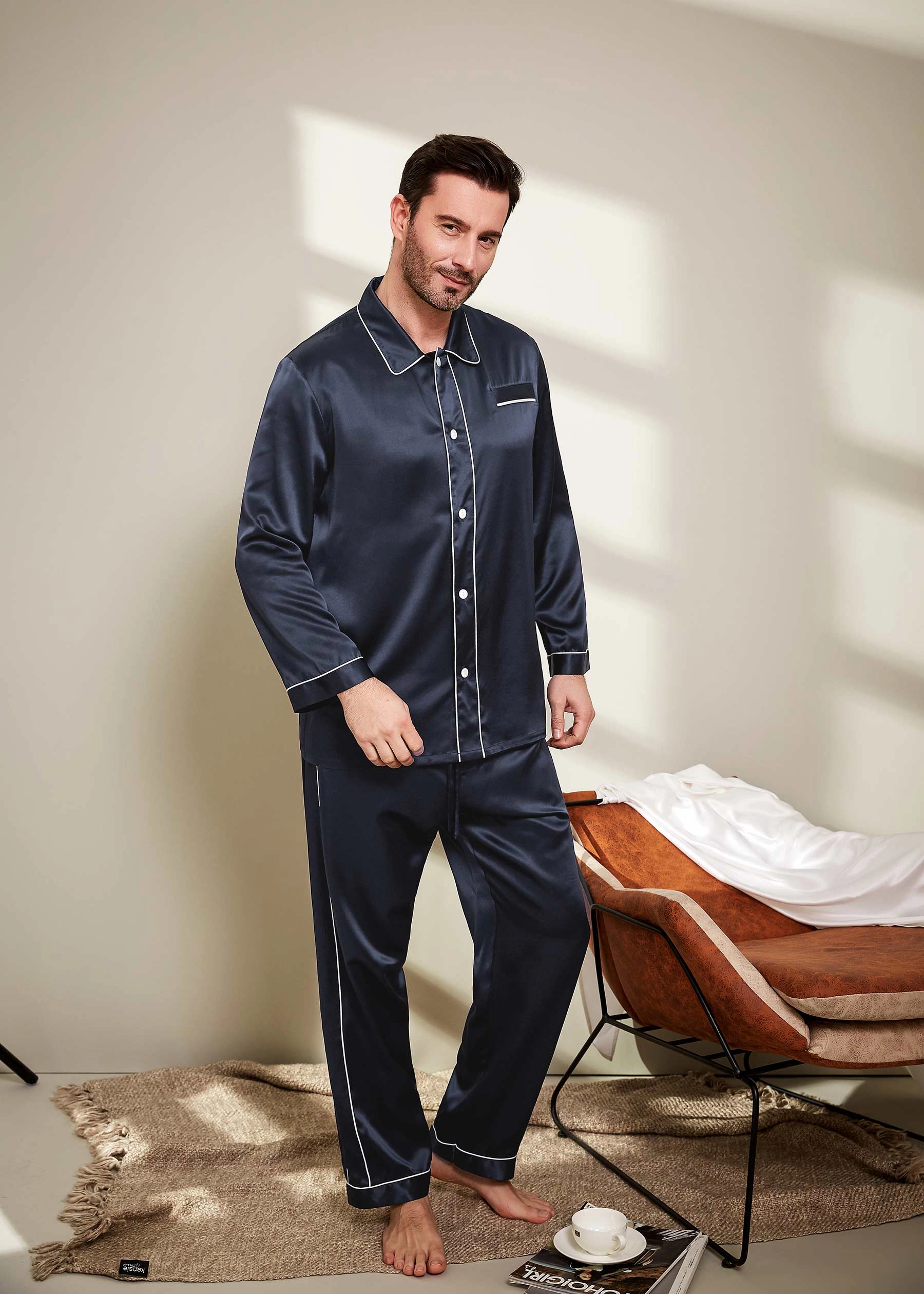 Men's 22 Momme Unique Silk Pajamas Set with Double Row Pipping