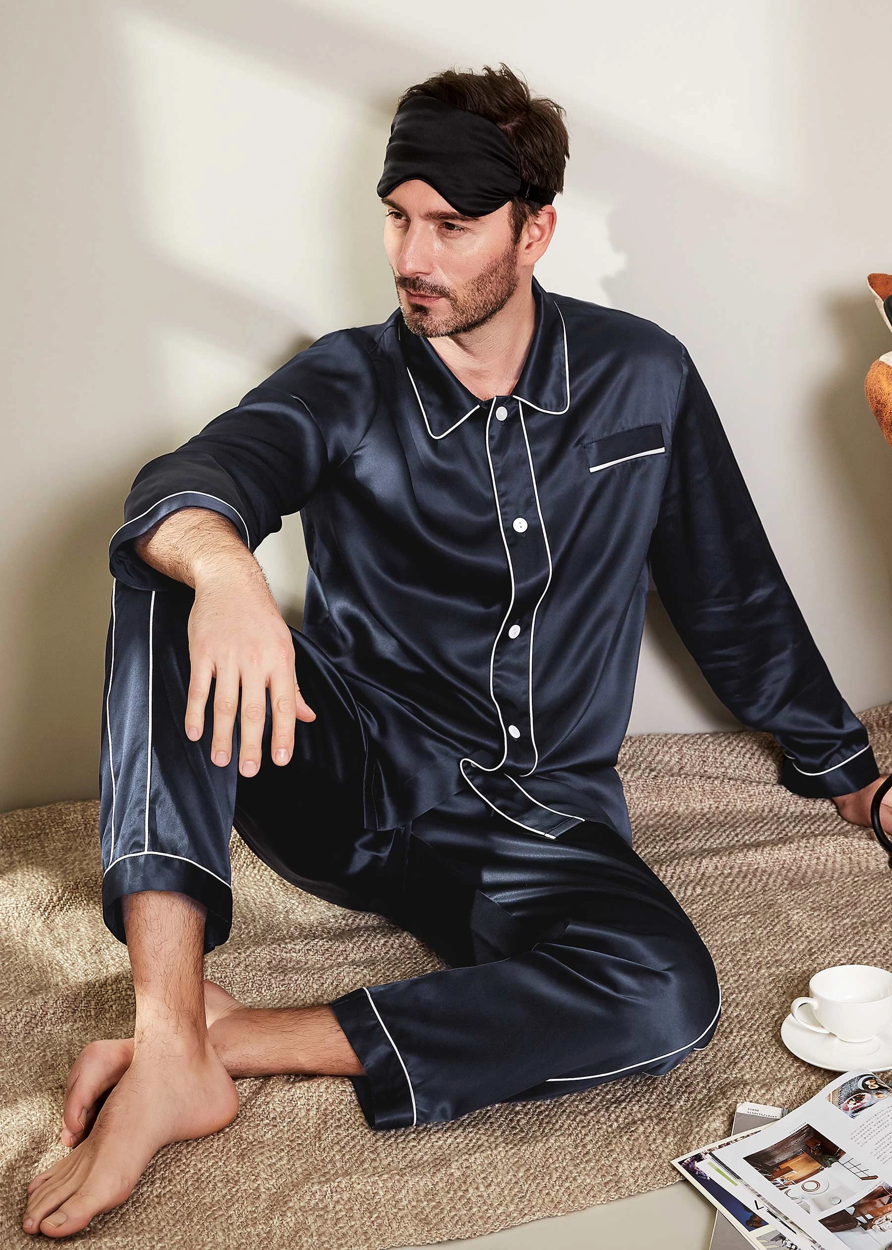Men's 22 Momme Unique Silk Pajamas Set with Double Row Pipping