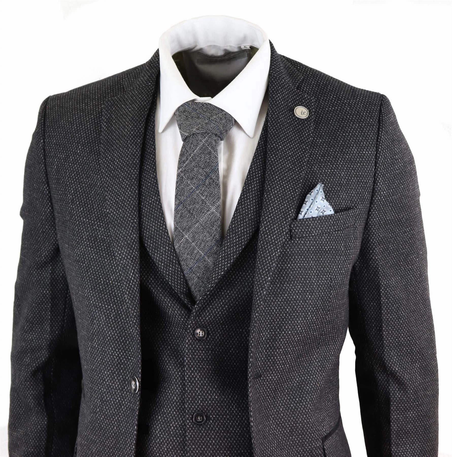 Men's 3 Piece Black Herringbone Tweed Suit