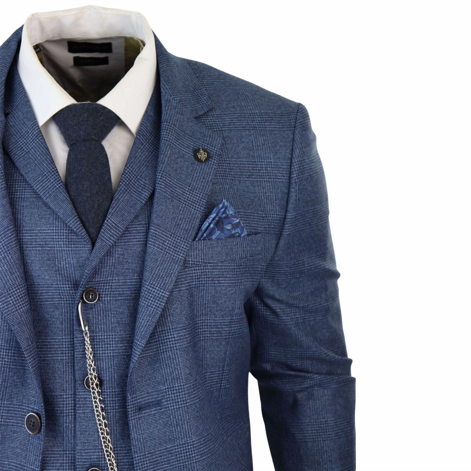 Men's 3 Piece Blue Prince Of Wales Check Suit