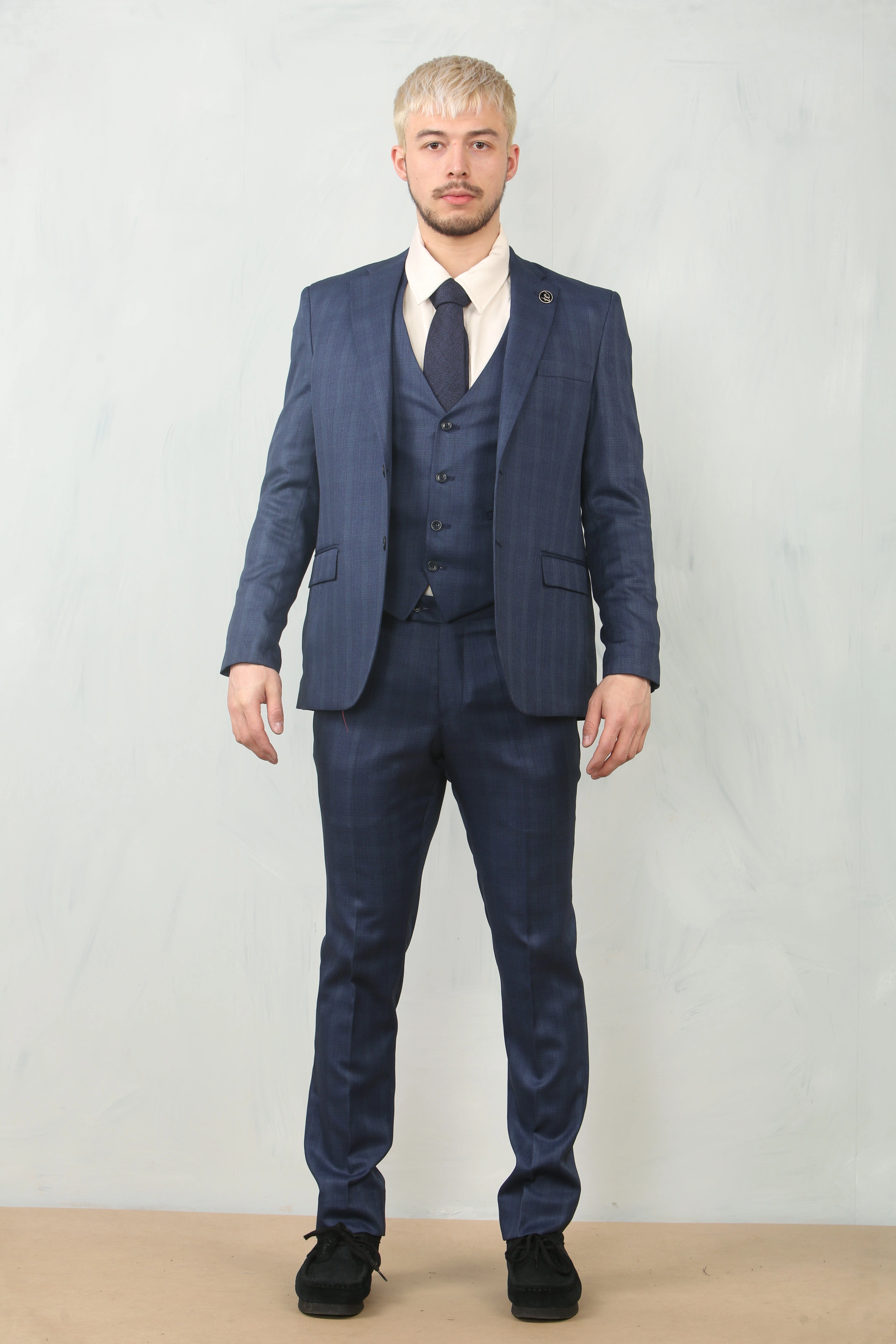 Men's 3 Piece Prince Of Wales Blue Suit Workwear