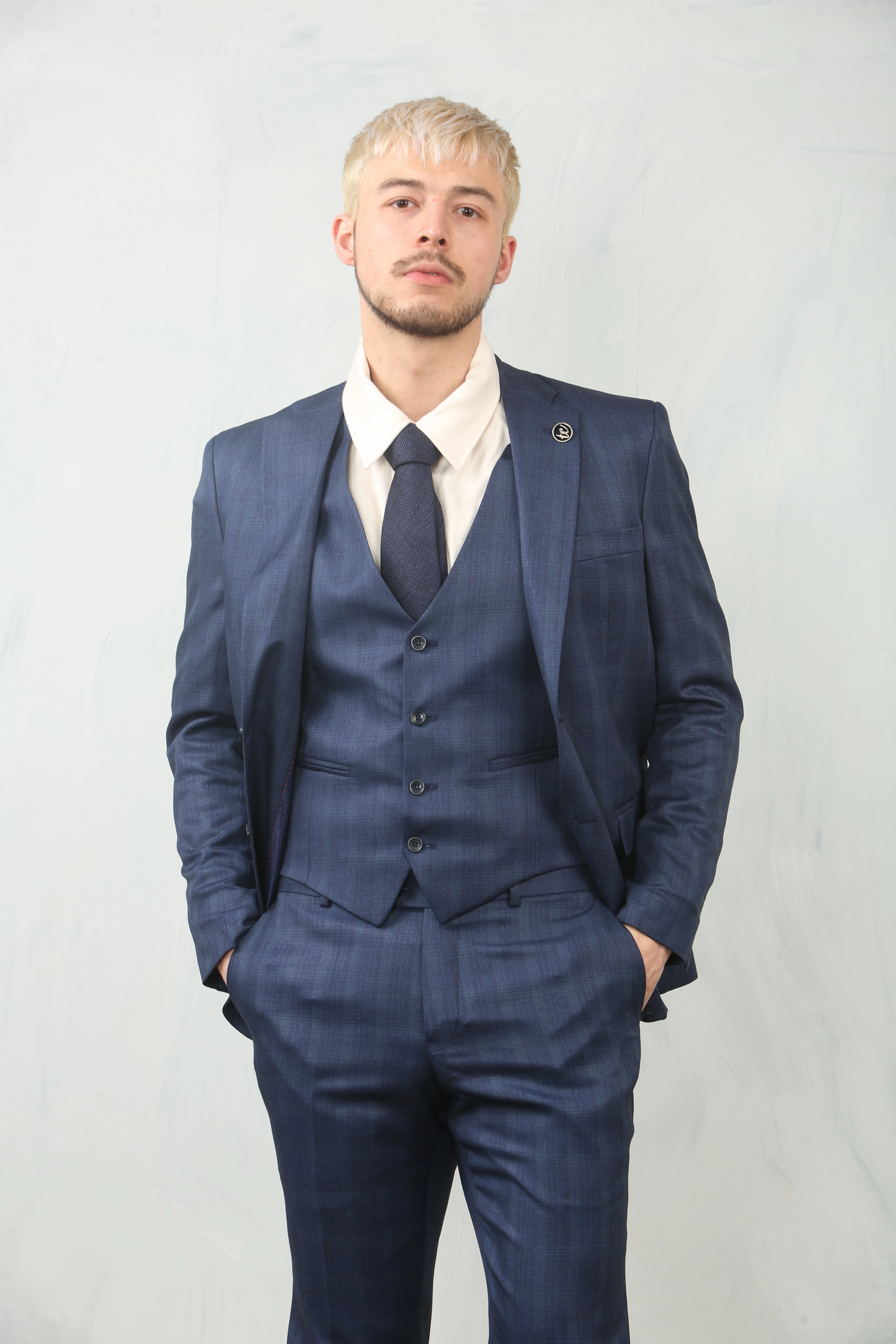 Men's 3 Piece Prince Of Wales Blue Suit Workwear