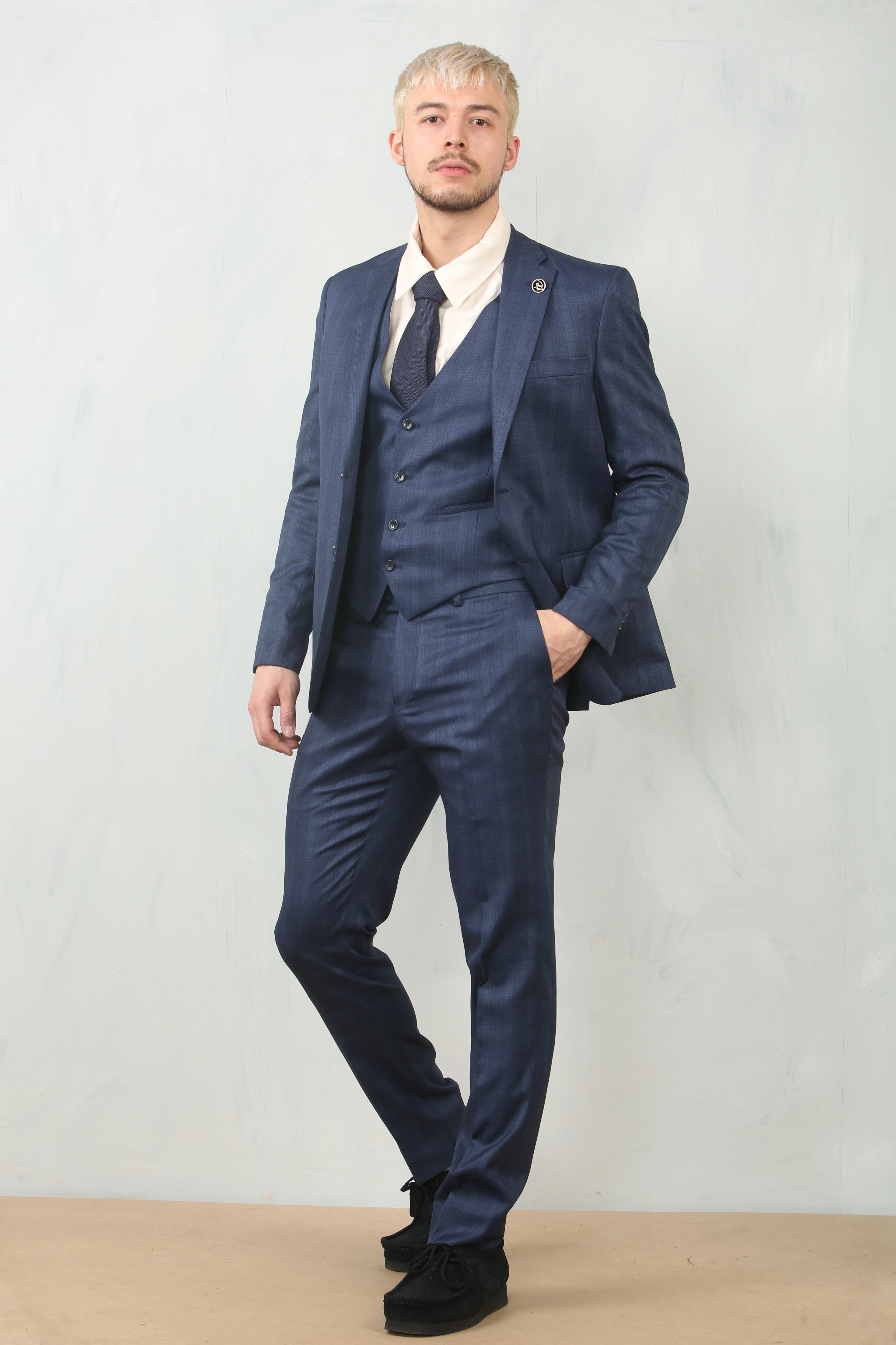 Men's 3 Piece Prince Of Wales Blue Suit Workwear