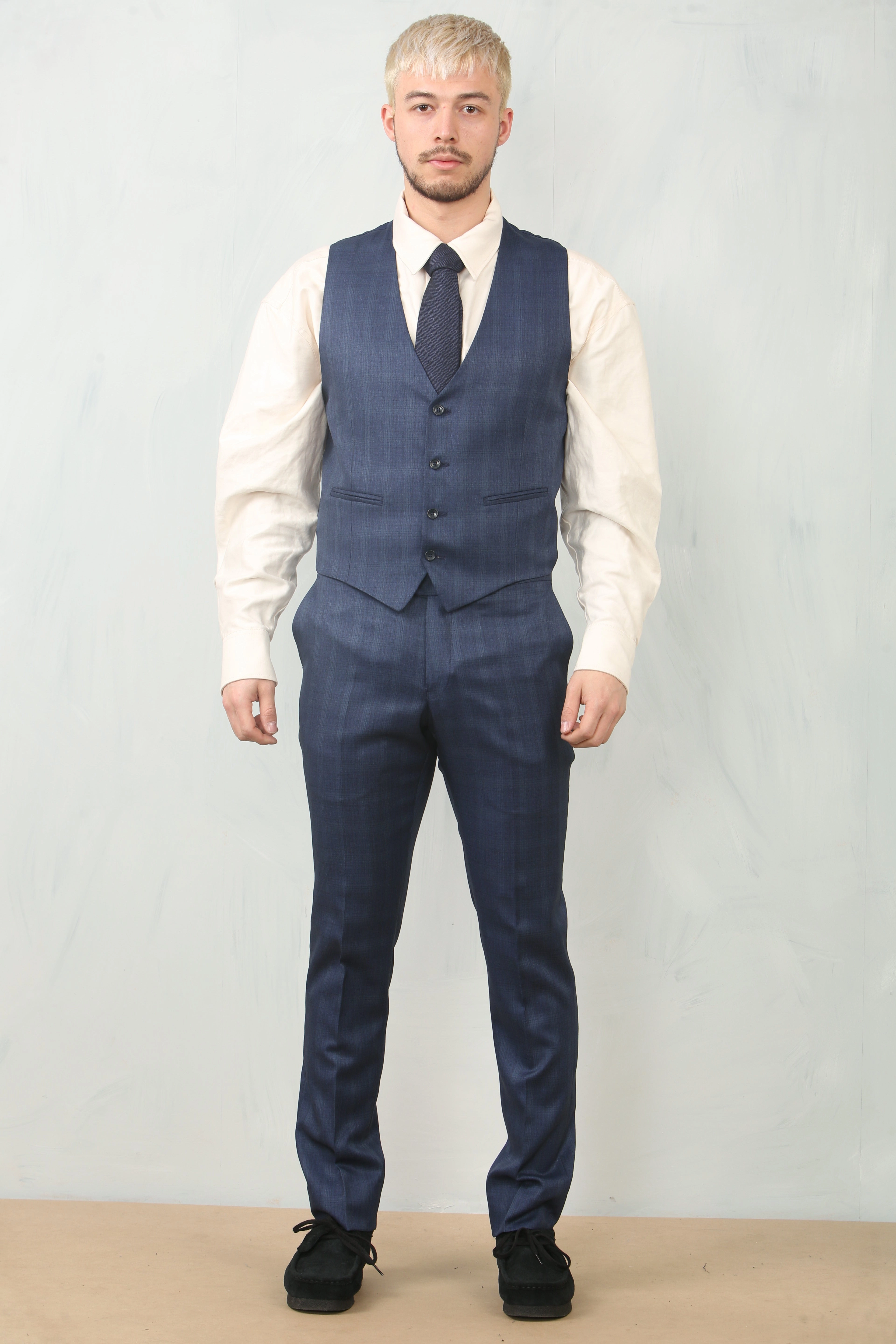 Men's 3 Piece Prince Of Wales Blue Suit Workwear