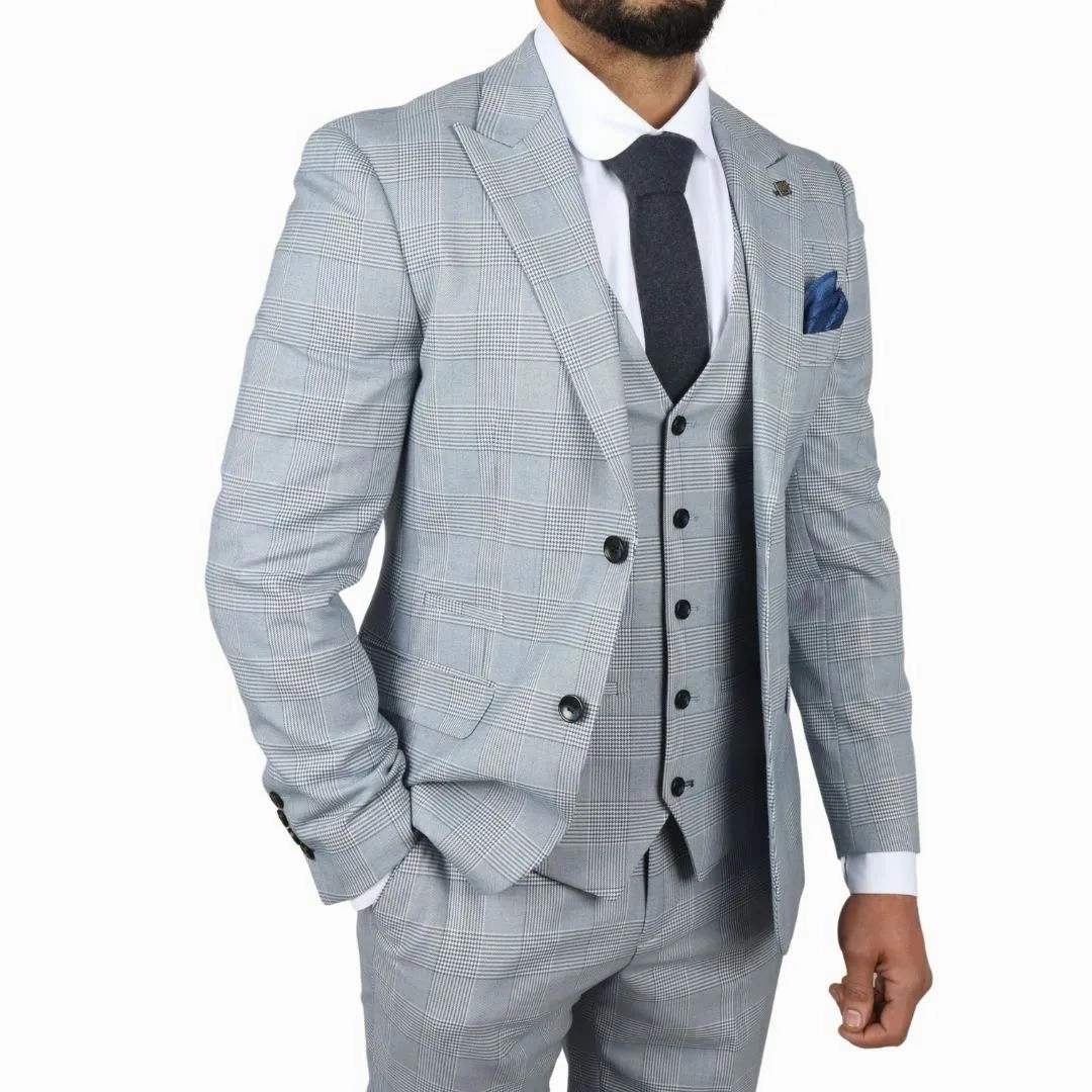 Men's Blue Checked 3 Piece Suit Tailored Fit Suit Formal Wedding