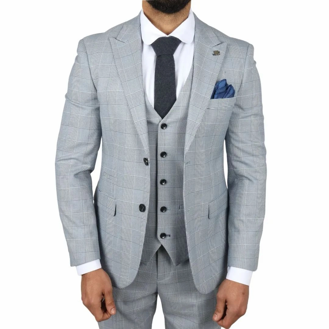 Men's Blue Checked 3 Piece Suit Tailored Fit Suit Formal Wedding