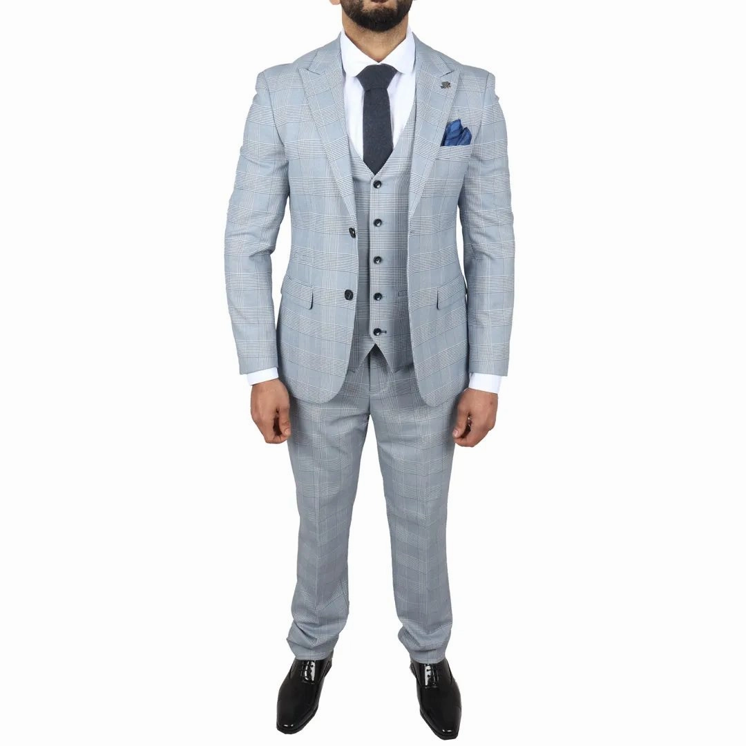 Men's Blue Checked 3 Piece Suit Tailored Fit Suit Formal Wedding