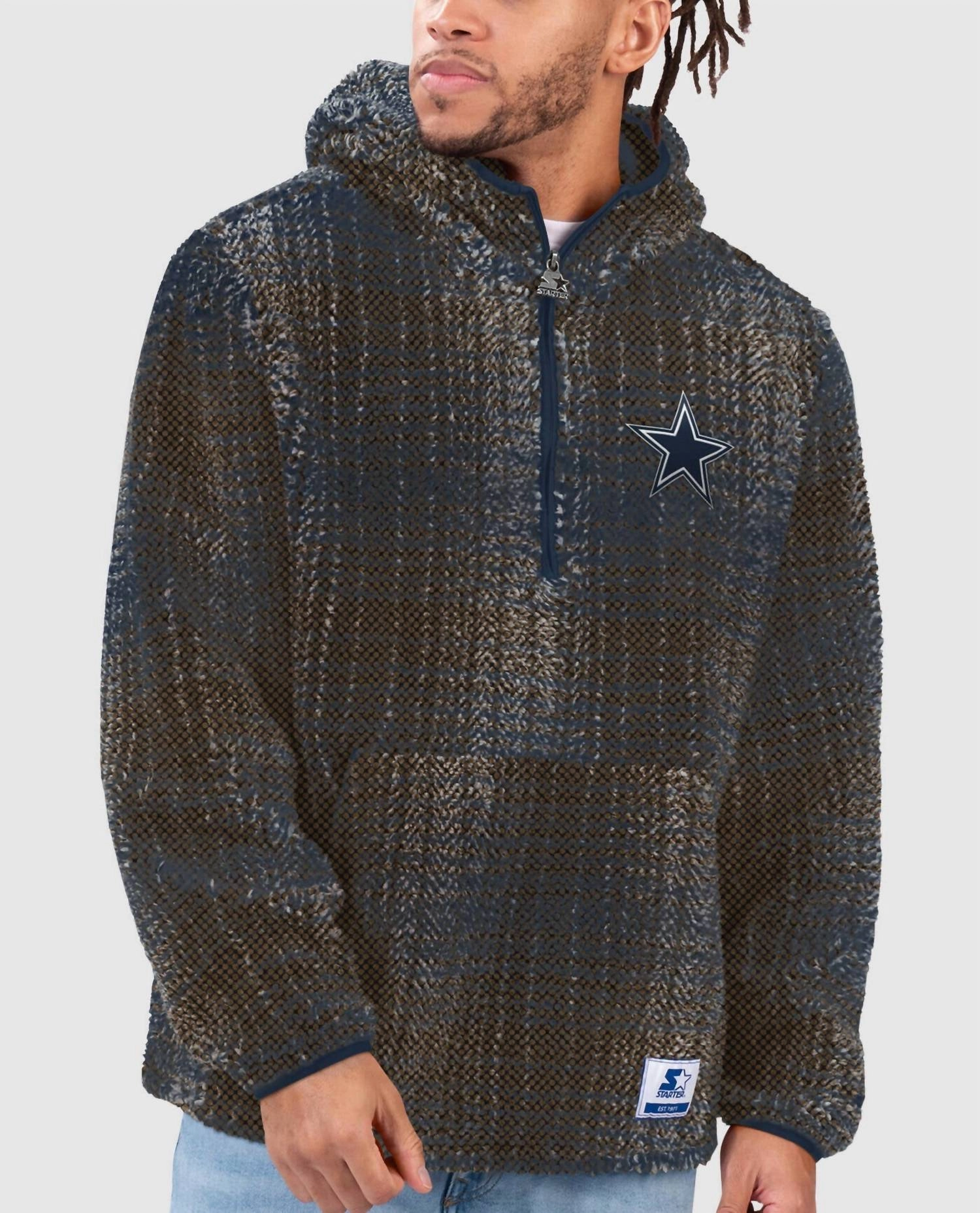 Men's Dallas Cowboys Gus Plaid Sherpa Starter Pullover Jacket In Navy