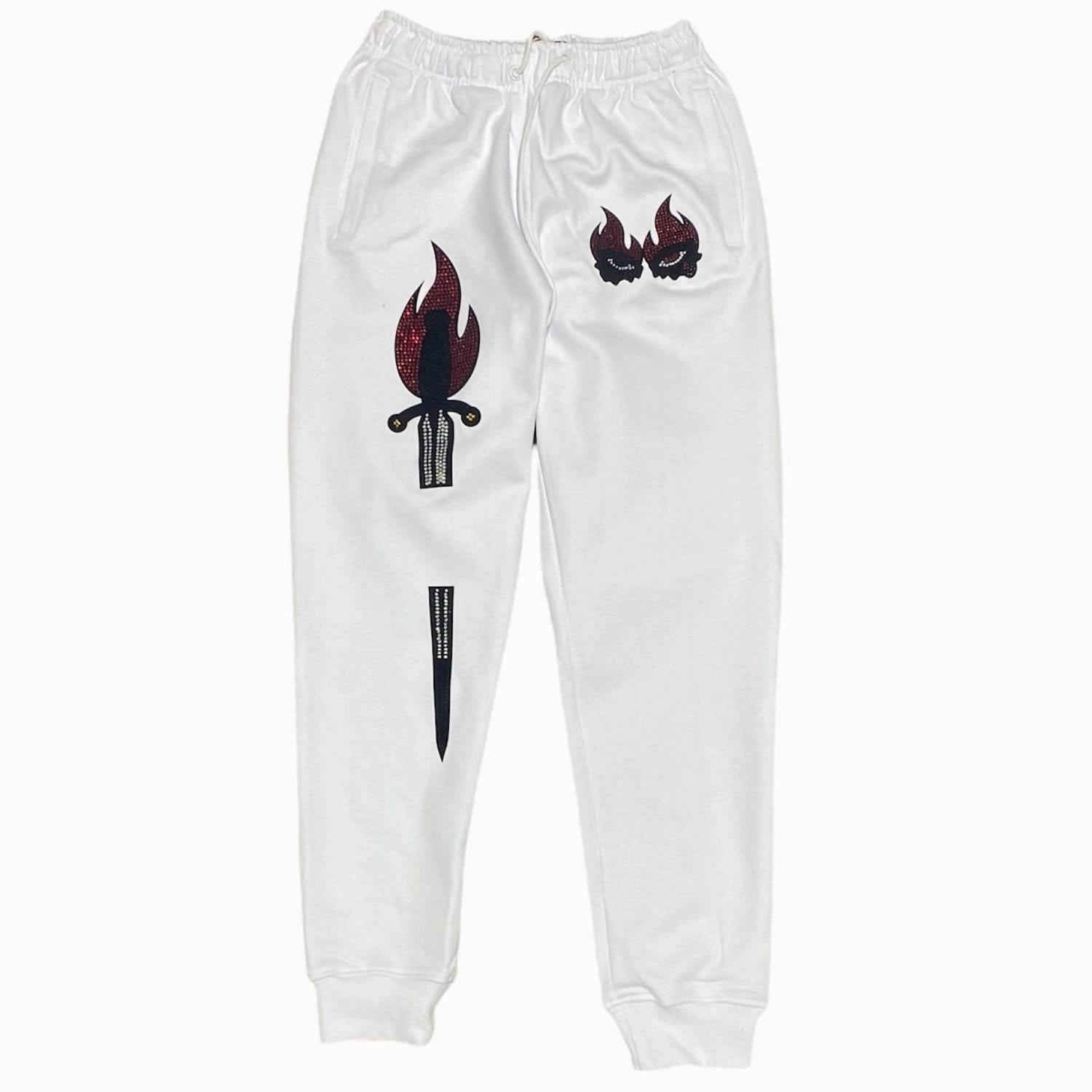 Men's Double Eye Sword Rhinestone Sweatpants In White