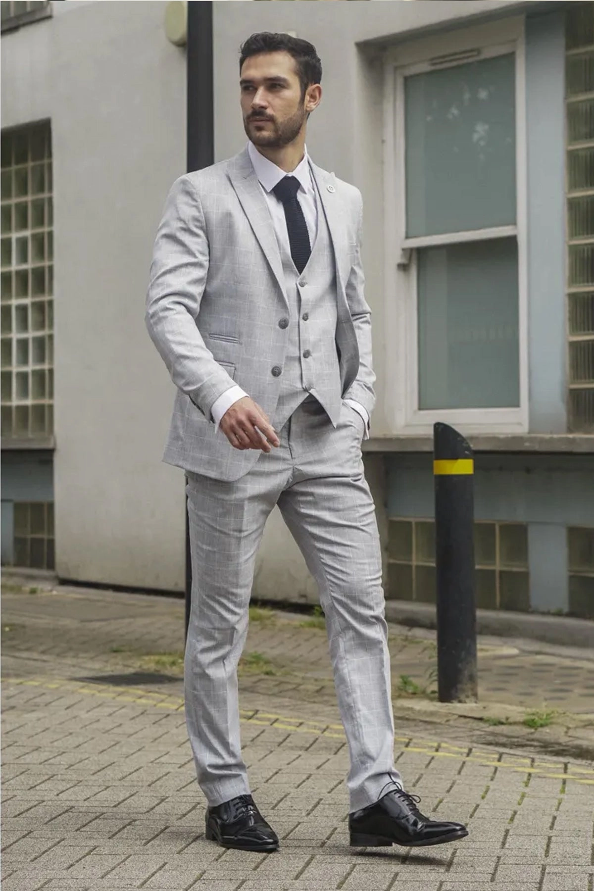 Men's Grey Checked 3 Piece Suit Tailored Fit
