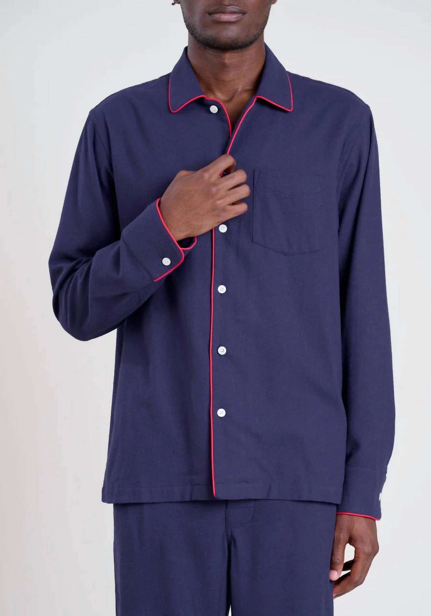 Men's Henry Pajama Set In Navy/red Piping Flannel