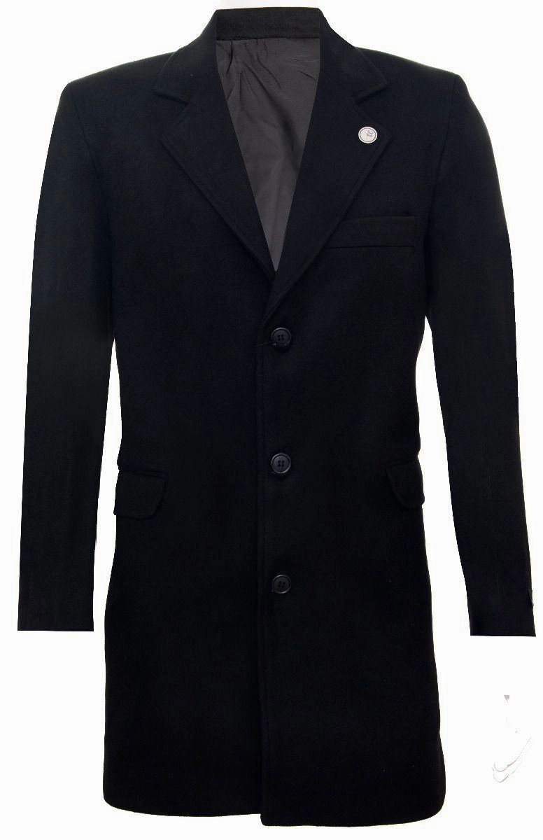 Men's Long Black Wool Slim Fit Overcoat