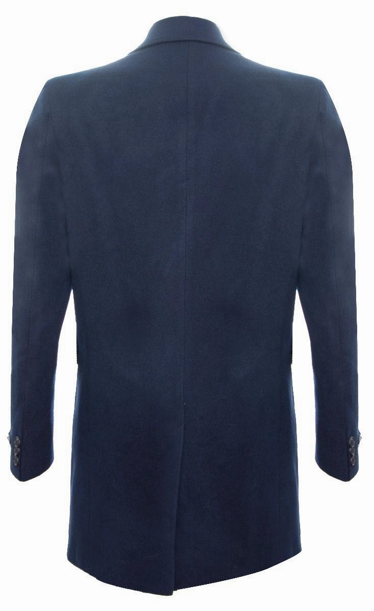 Men's Long Navy Wool Slim Fit Overcoat