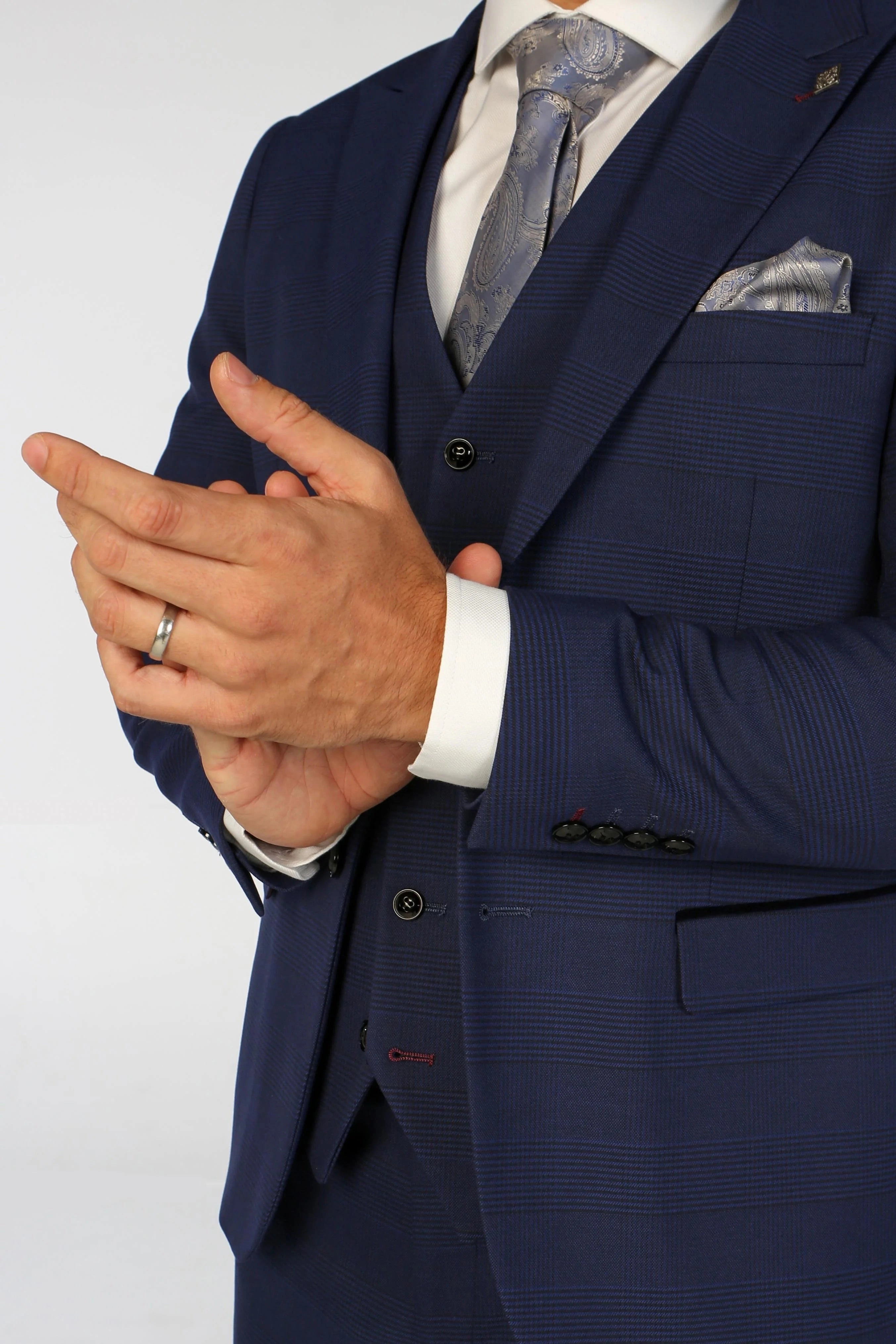 Men's Navy Checked 3 Piece Suit Tailored Fit Suit Formal Wedding