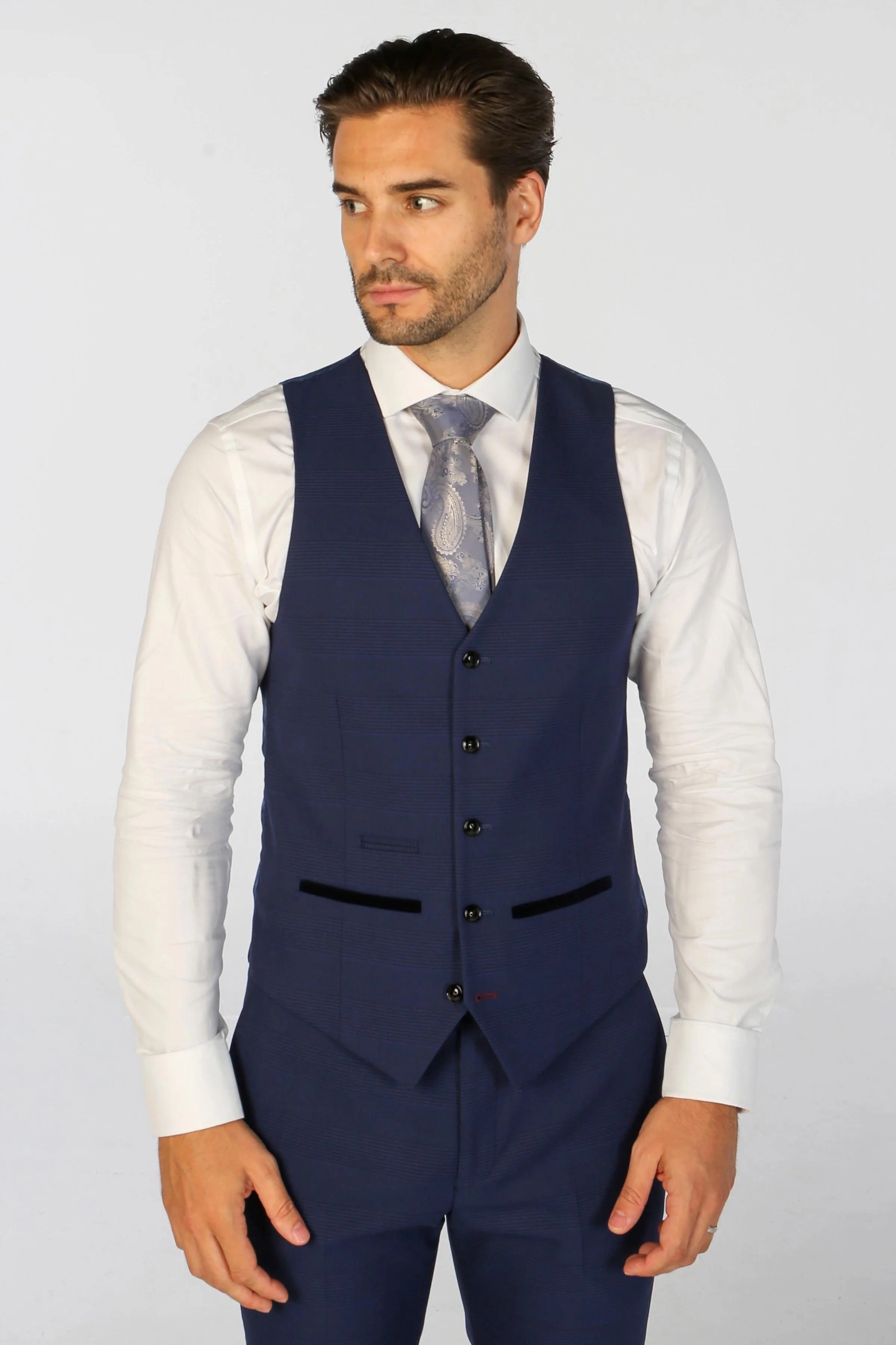 Men's Navy Checked 3 Piece Suit Tailored Fit Suit Formal Wedding