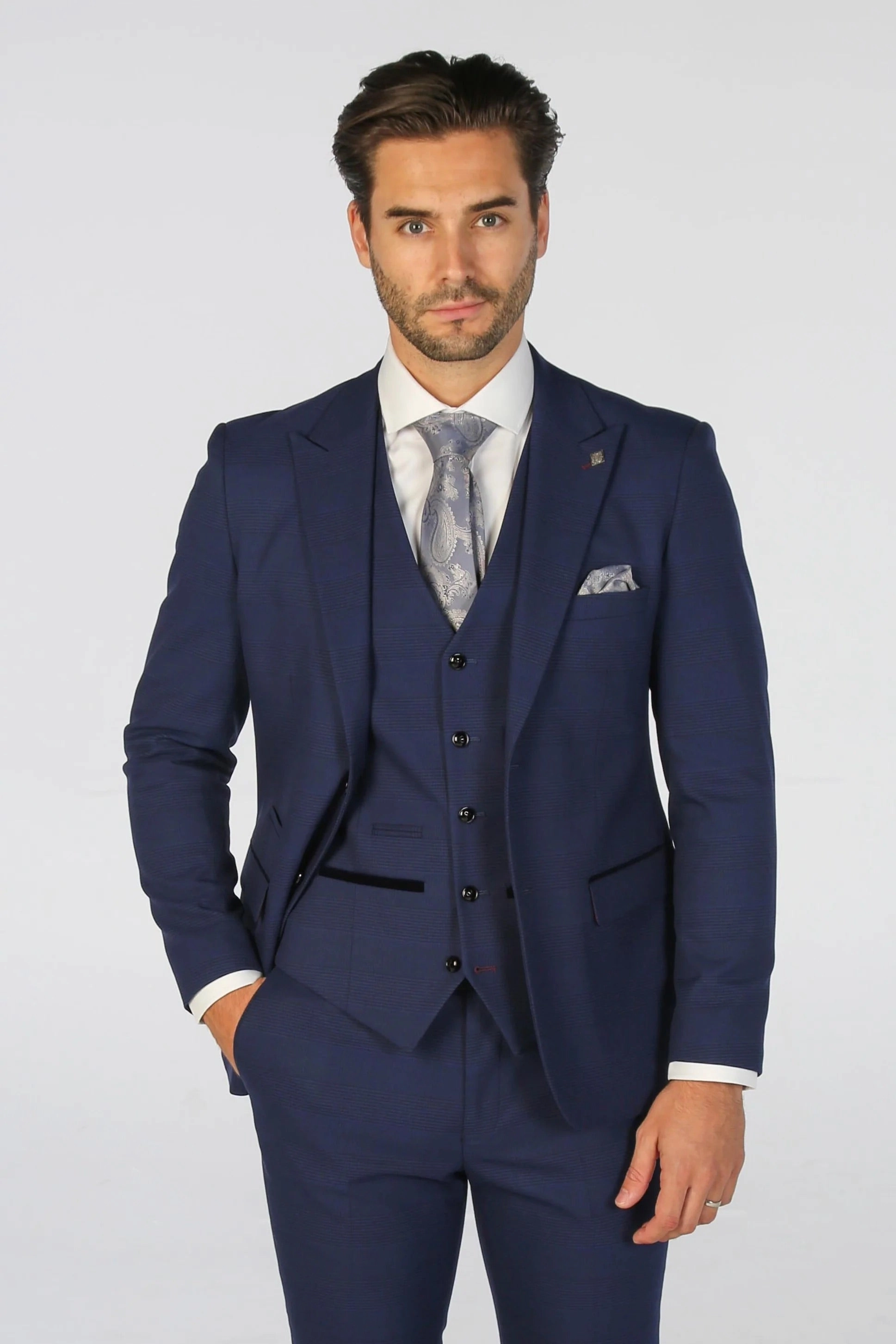 Men's Navy Checked 3 Piece Suit Tailored Fit Suit Formal Wedding