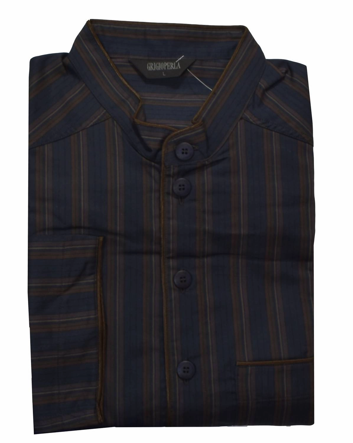 Men's Striped Cotton Pajama Top In Navy/brown