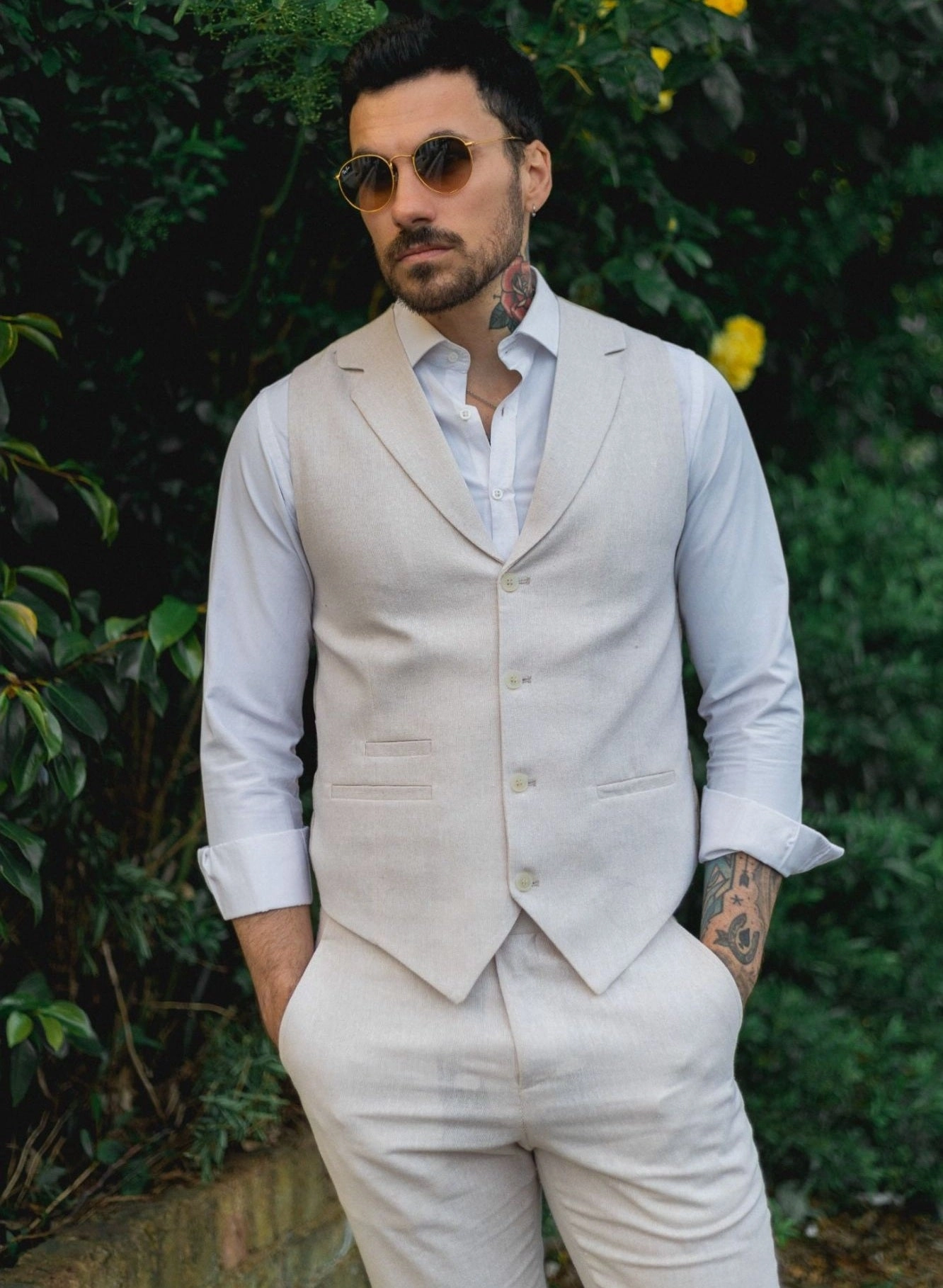 Men's Summer 2 Piece Suit Linen Formal Cream Beige Waistcoat Trousers