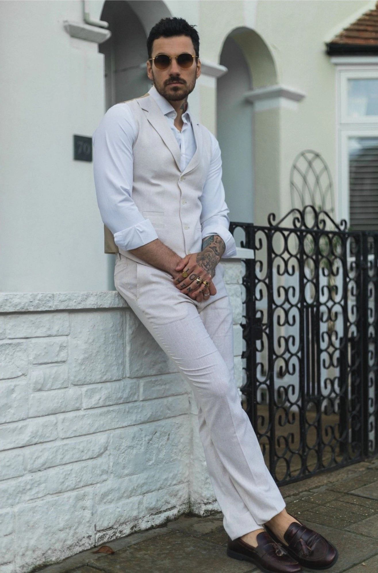 Men's Summer 2 Piece Suit Linen Formal Cream Beige Waistcoat Trousers