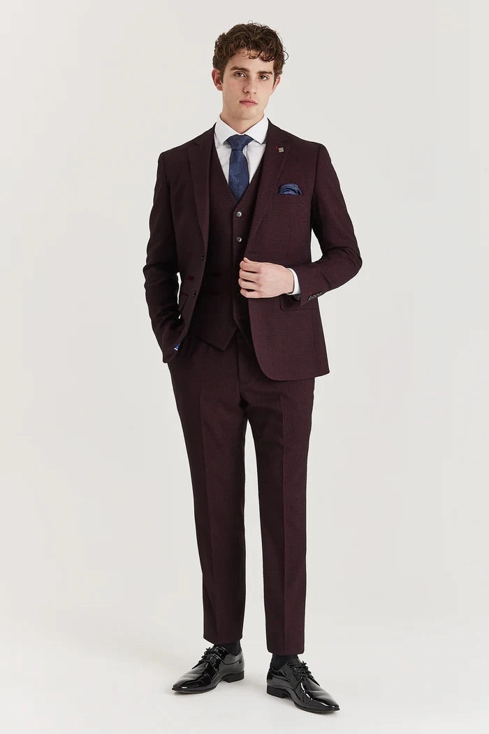 Men's Wine 3 Piece Prince Of Wales Formal Suit