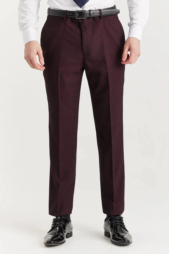 Men's Wine 3 Piece Prince Of Wales Formal Suit
