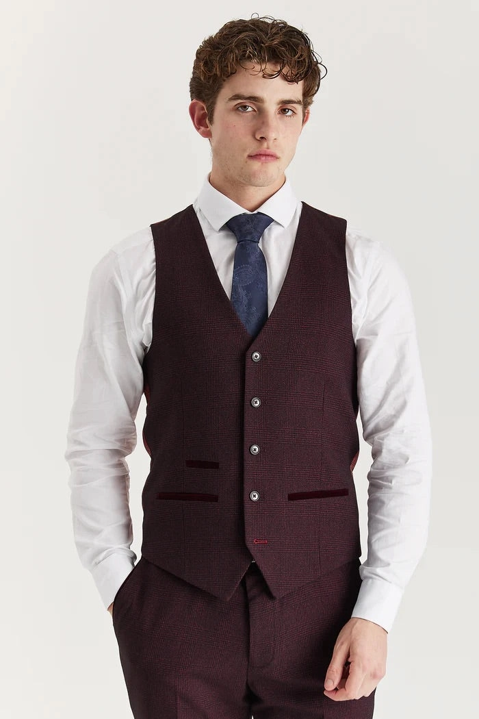 Men's Wine 3 Piece Prince Of Wales Formal Suit