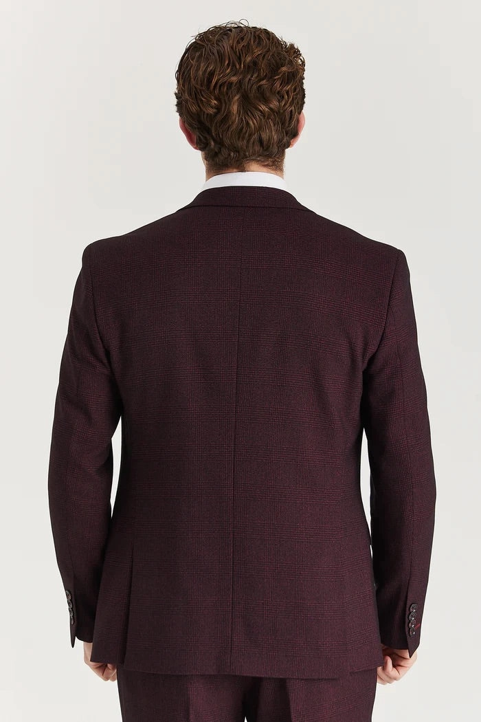 Men's Wine 3 Piece Prince Of Wales Formal Suit