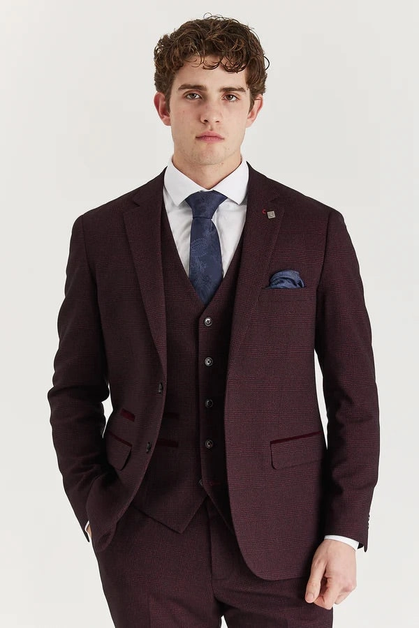 Men's Wine 3 Piece Prince Of Wales Formal Suit