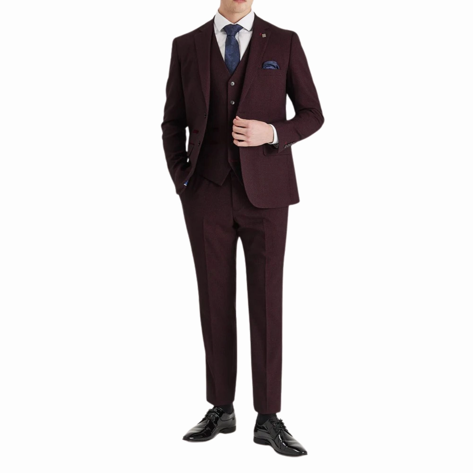 Men's Wine 3 Piece Prince Of Wales Formal Suit