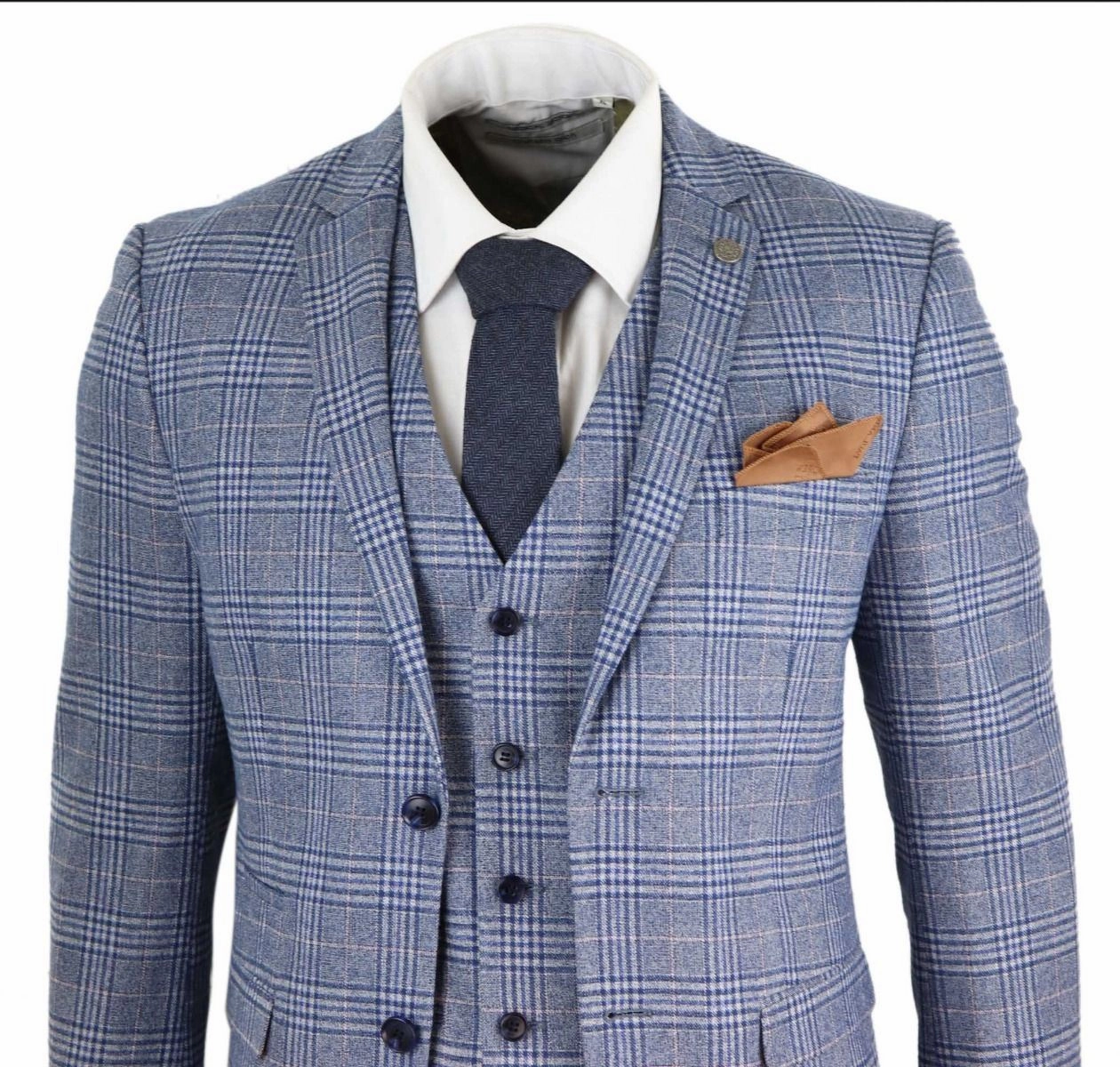 Mens 3 Piece Blue Grey Tweed Check Vintage Retro Suit