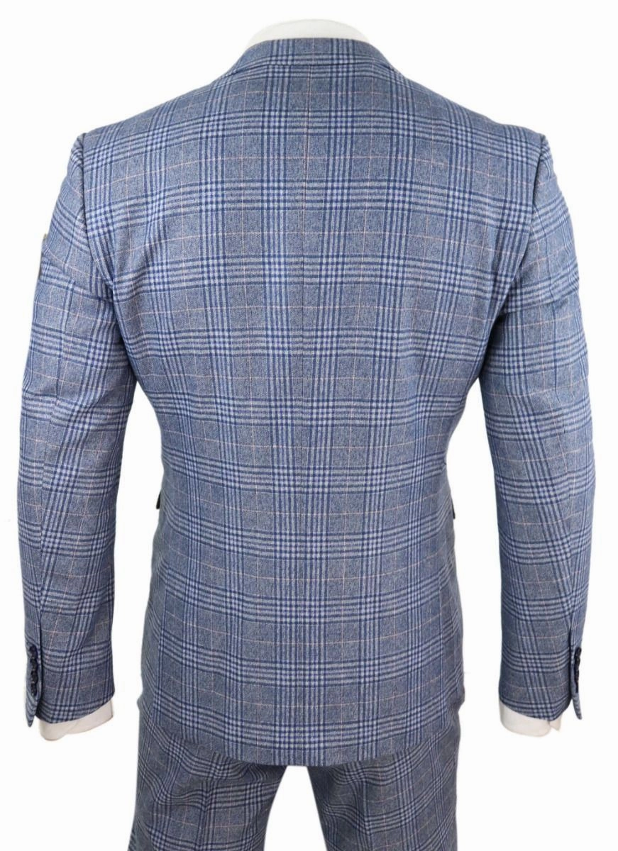 Mens 3 Piece Blue Grey Tweed Check Vintage Retro Suit