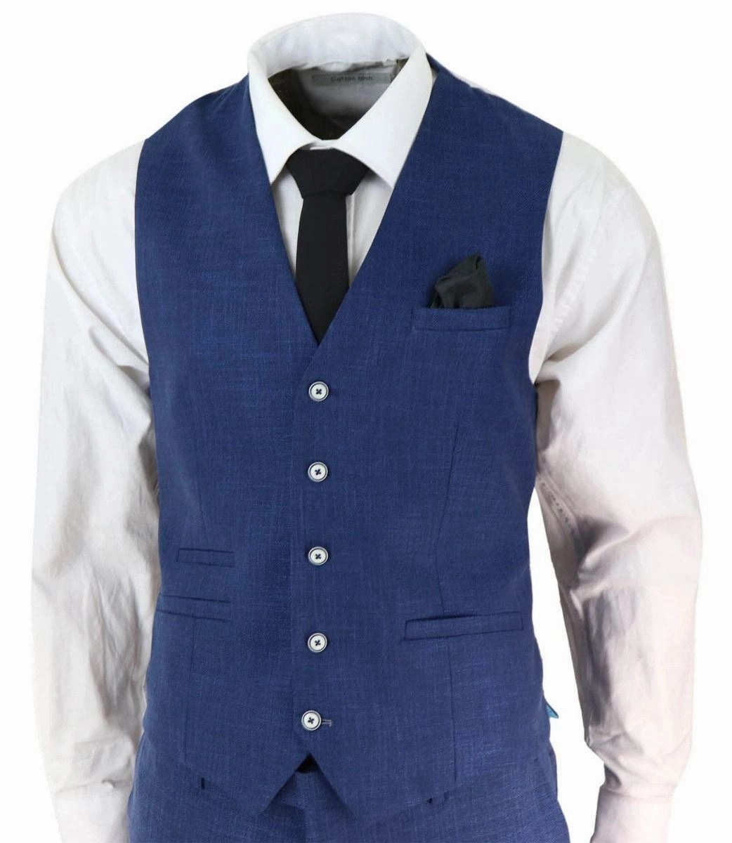 Mens 3 Piece Blue Linen Summer Spring Classic Suit