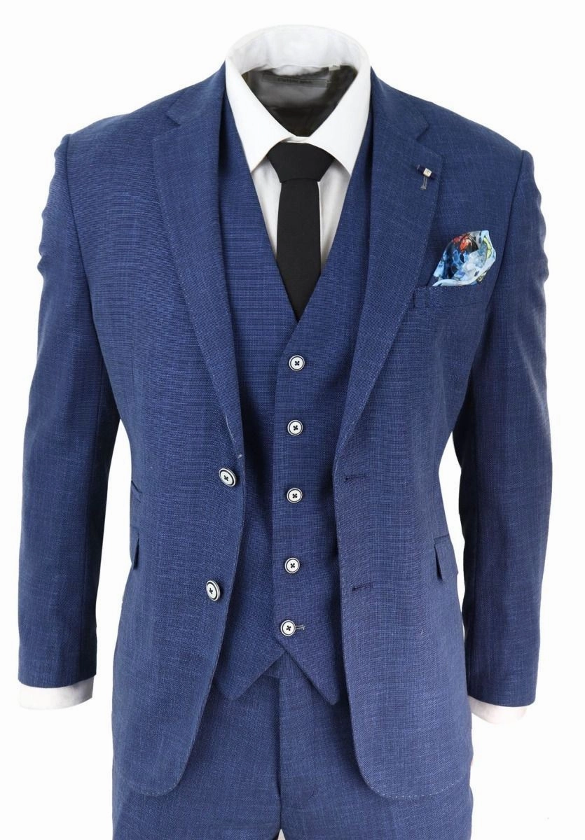 Mens 3 Piece Blue Linen Summer Spring Classic Suit