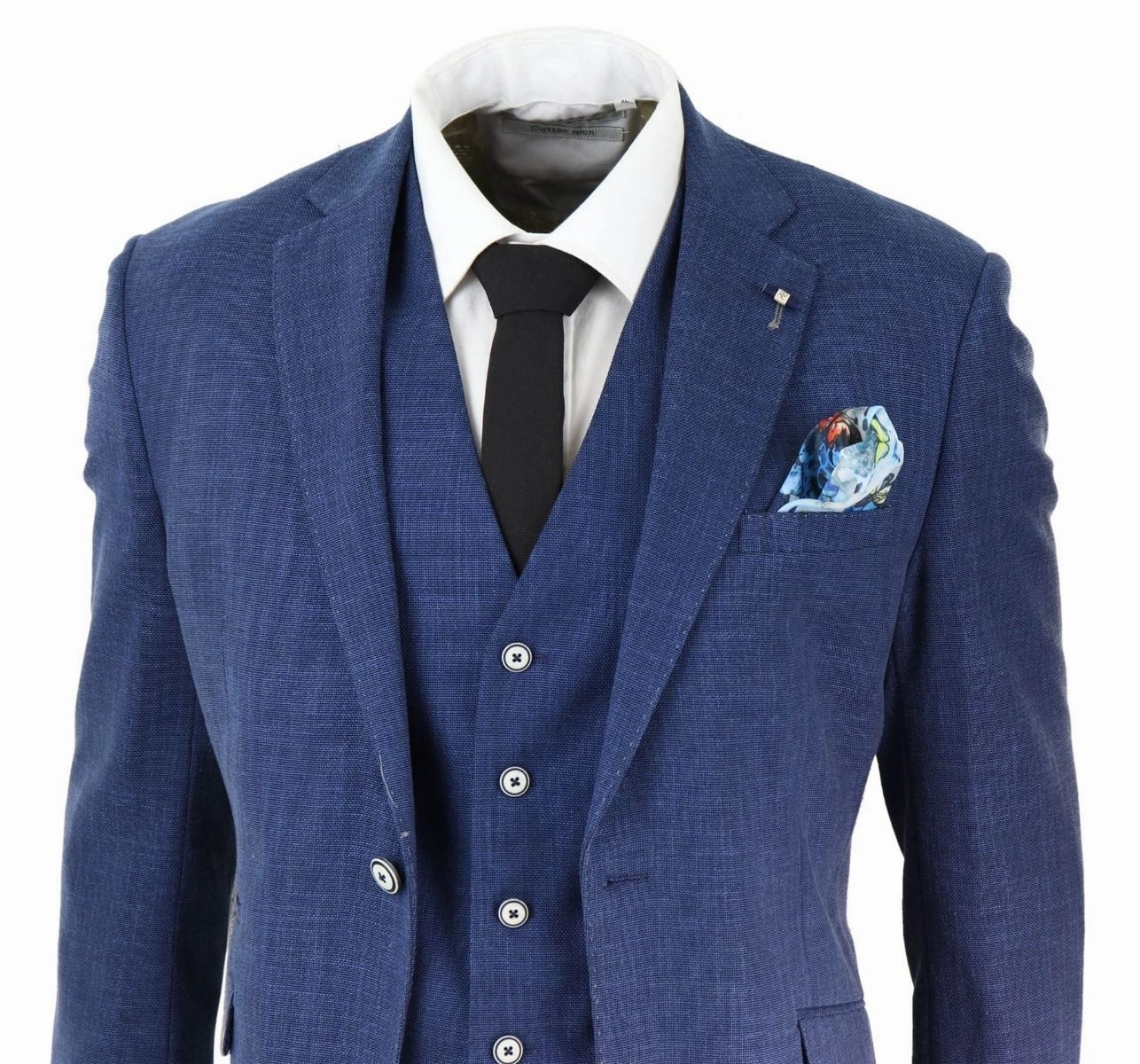 Mens 3 Piece Blue Linen Summer Spring Classic Suit