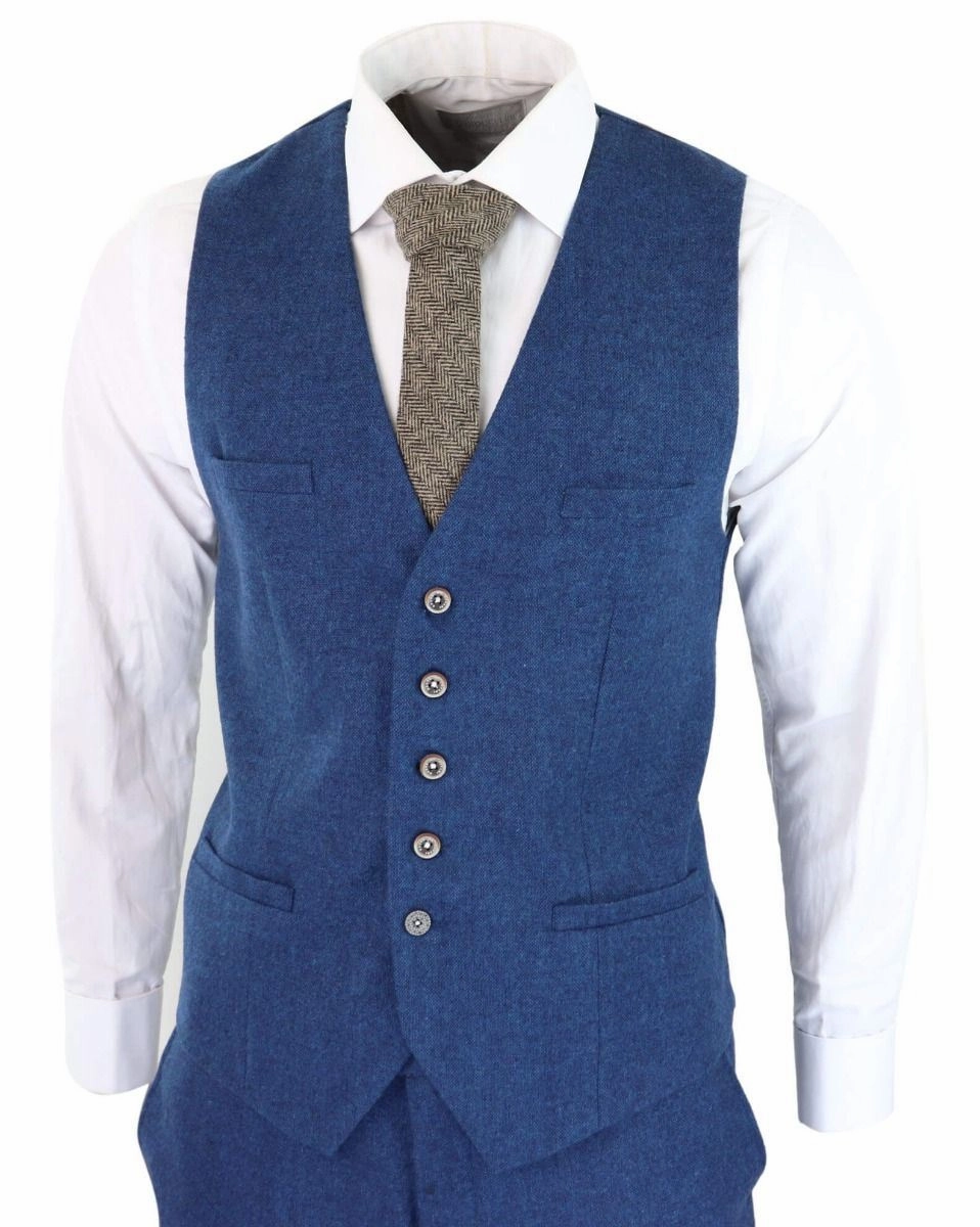 Mens 3 Piece Blue Tweed Wool Twill Vintage Classic Suit