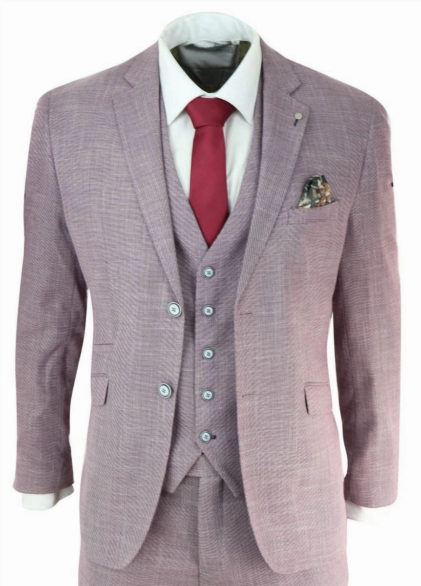 Mens 3 Piece Blush Pink Linen Summer Spring Classic Suit