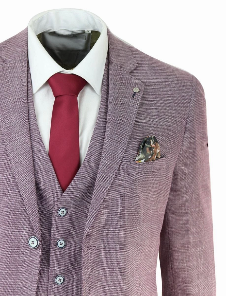Mens 3 Piece Blush Pink Linen Summer Spring Classic Suit