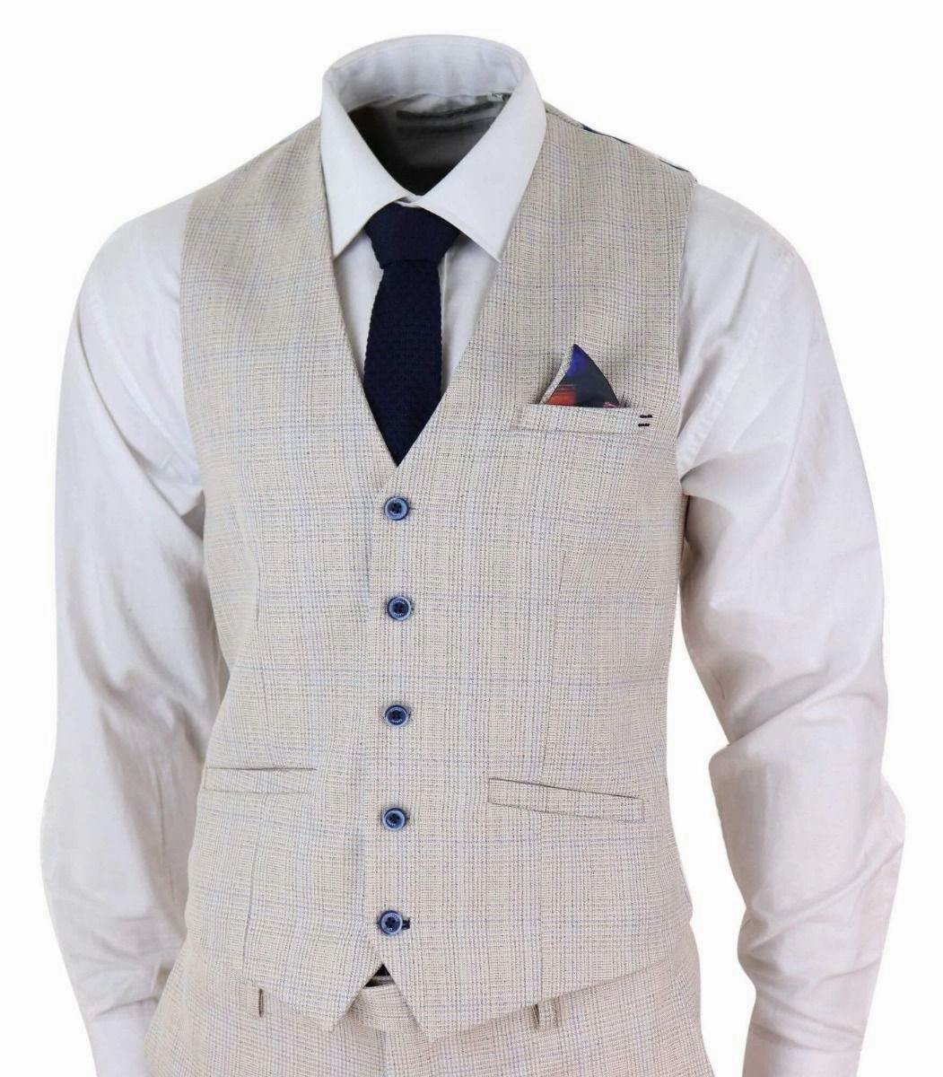 Mens 3 Piece Cream Check Tweed Herringbone Vintage Classic Suit